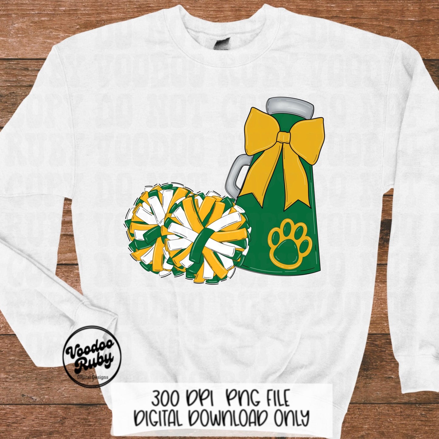 Cheerleader Mascot PNG: Green, Yellow, Gold - Sublimation Design (Digital Download)