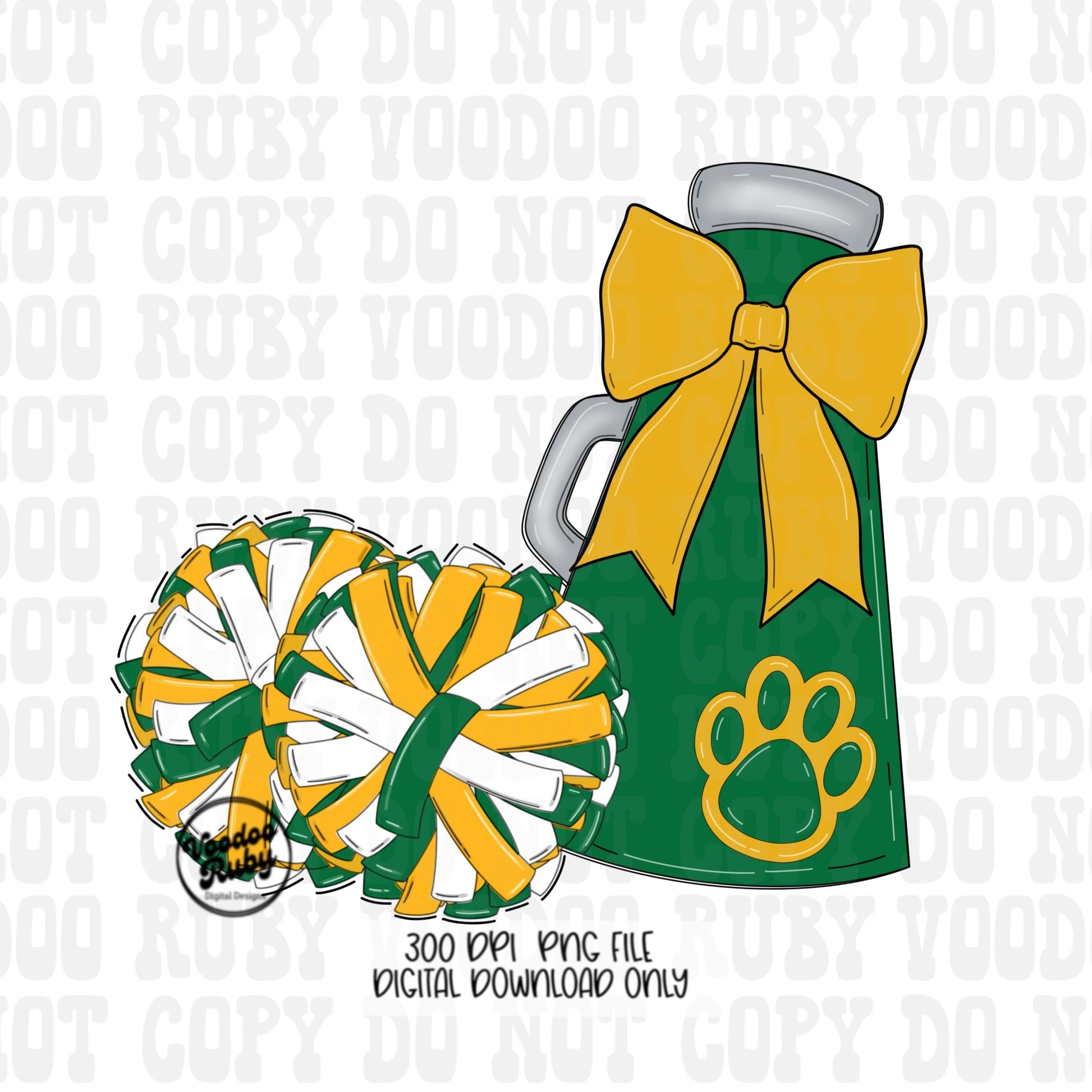 Cheer Mascot PNG: Green, Yellow, Gold Cheerleader Megaphone (Digital Download