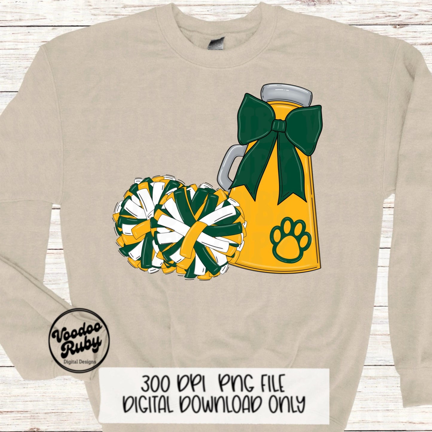 Cheer Mascot PNG: Yellow Gold, Green, Megaphone Clipart (Digital Download)