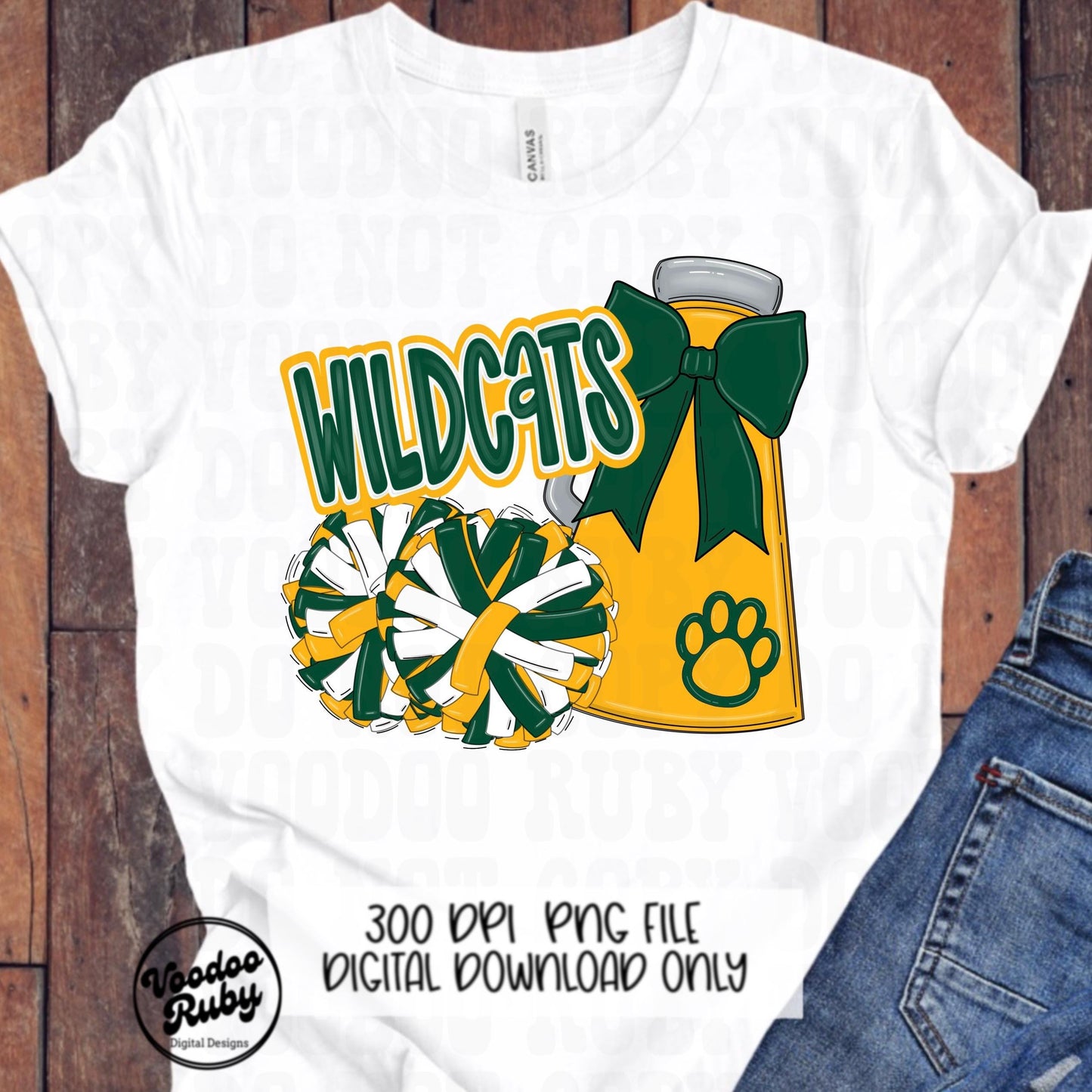 Wildcats Cheer PNG Design: Green and Gold Mascot (Digital Download)