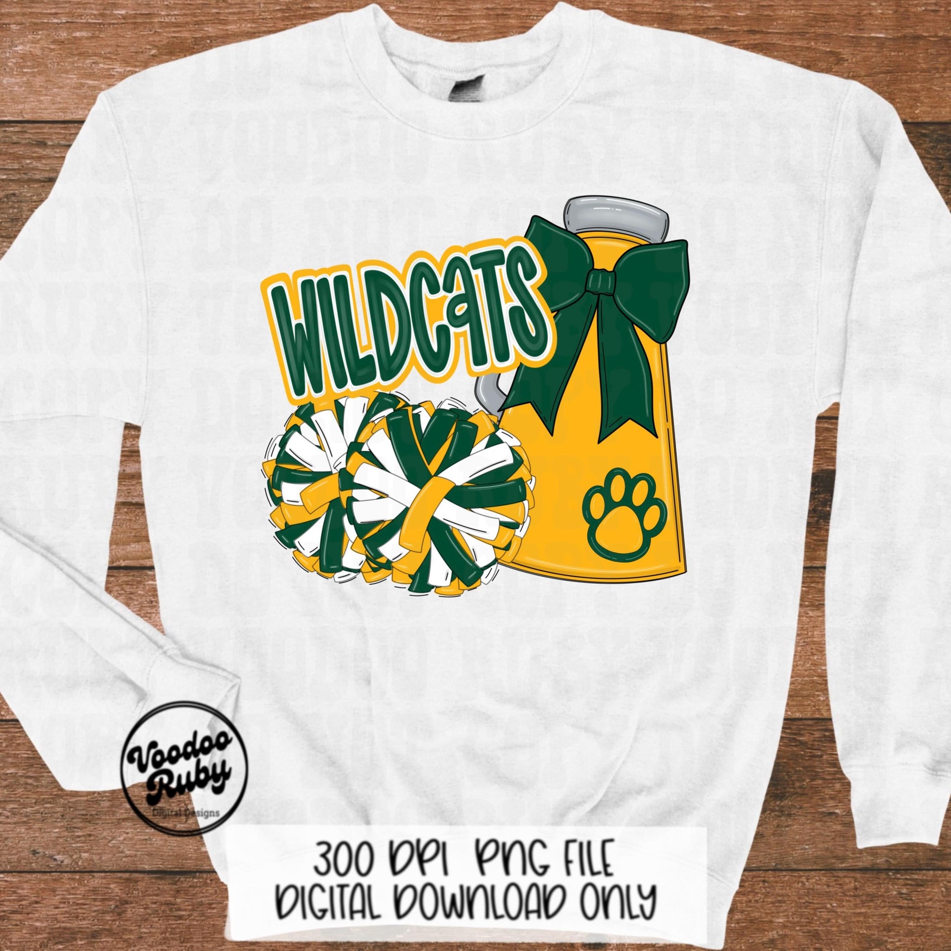 Wildcats Cheer PNG Design: Green and Gold Mascot (Digital Download)