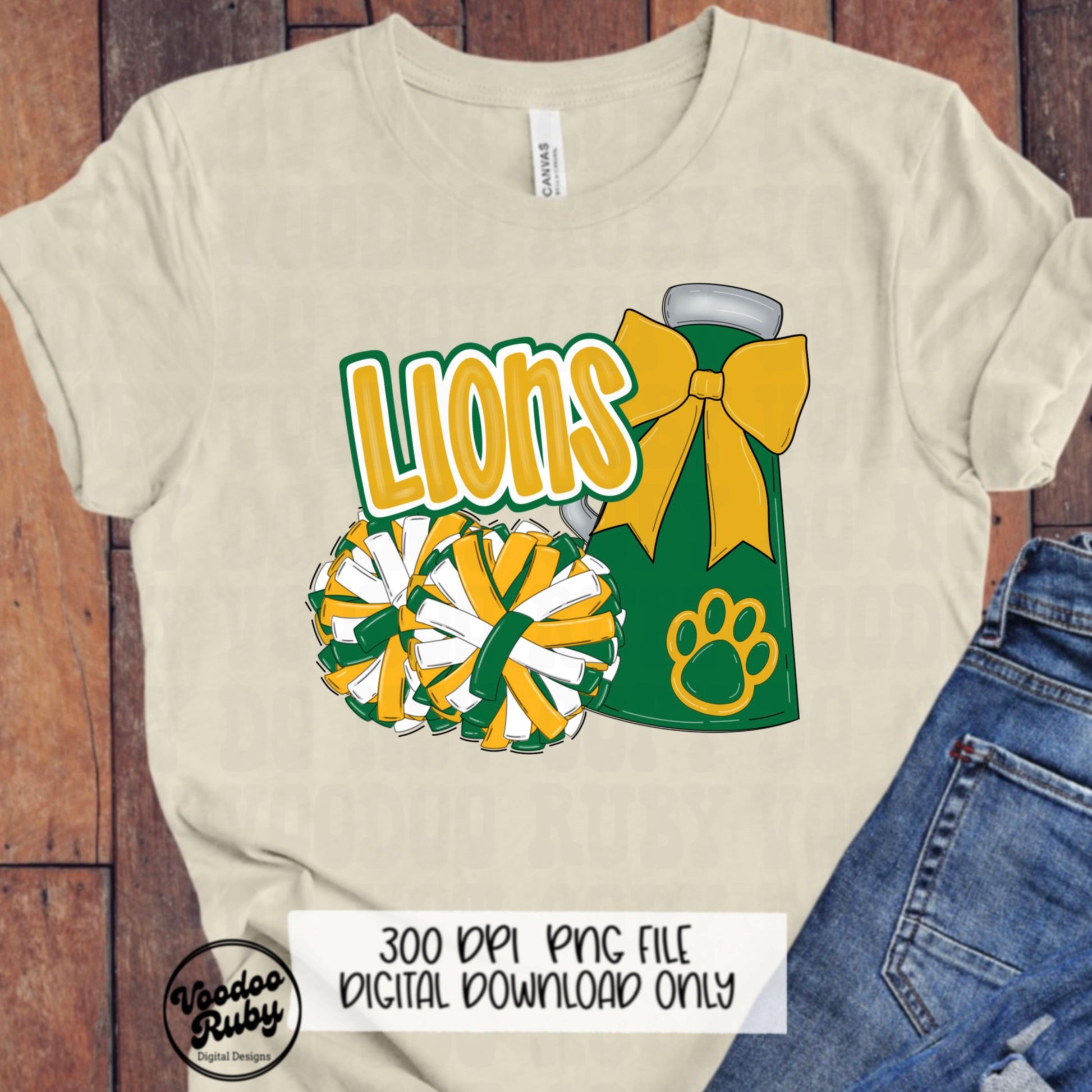 Lions Cheer PNG: Green & Gold Mascot, Sublimation Design (Digital Download)
