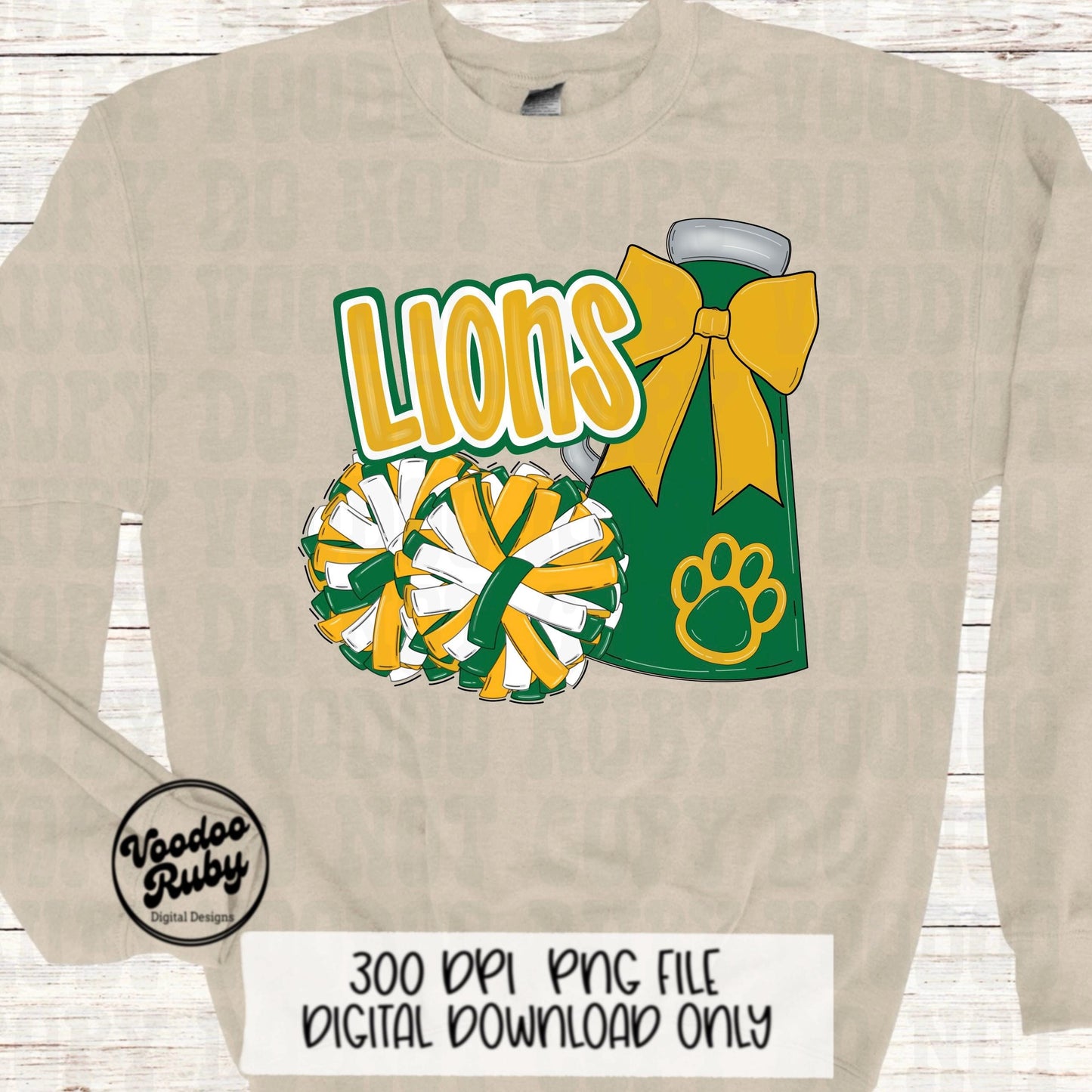Lions Cheer PNG: Green & Gold Mascot, Sublimation Design (Digital Download)