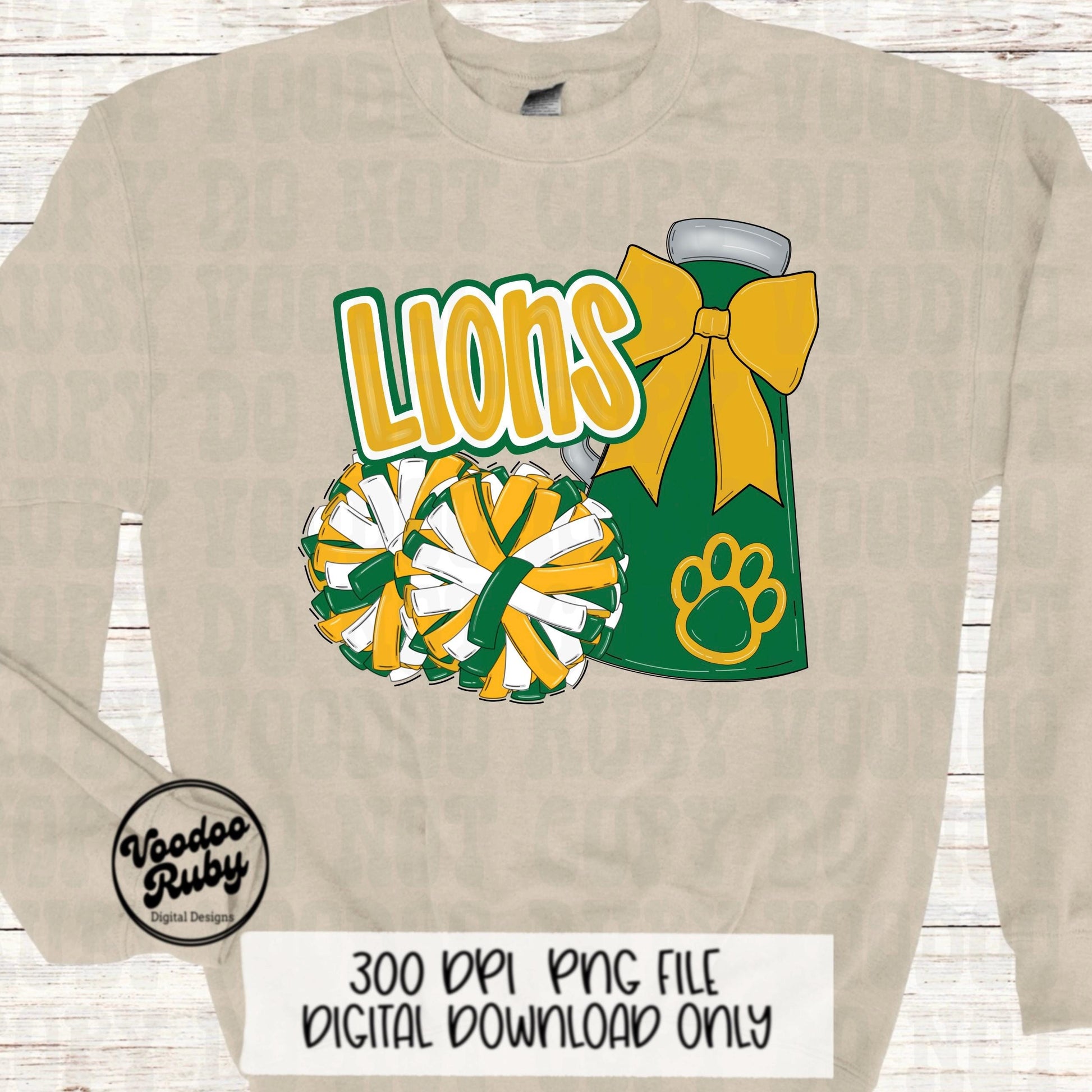Lions Cheer PNG: Green & Gold Mascot, Sublimation Design (Digital Download)