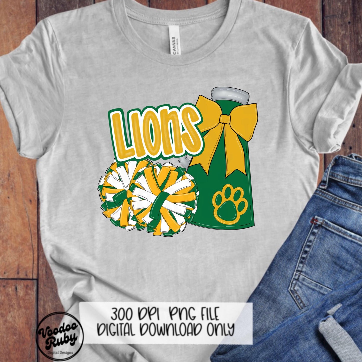 Lions Cheer PNG: Green & Gold Mascot, Sublimation Design (Digital Download)
