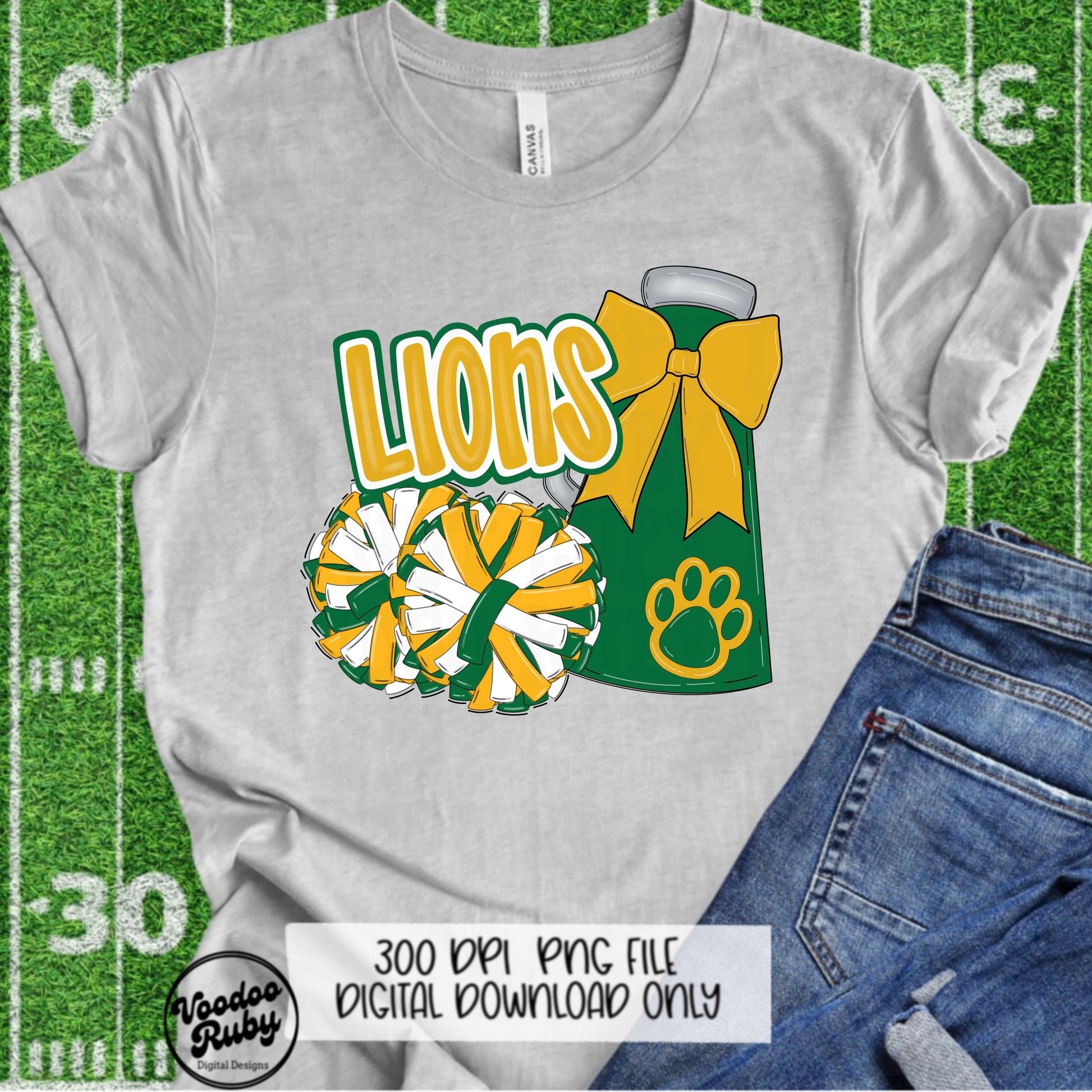 Lions Cheer PNG: Green & Gold Mascot, Sublimation Design (Digital Download)