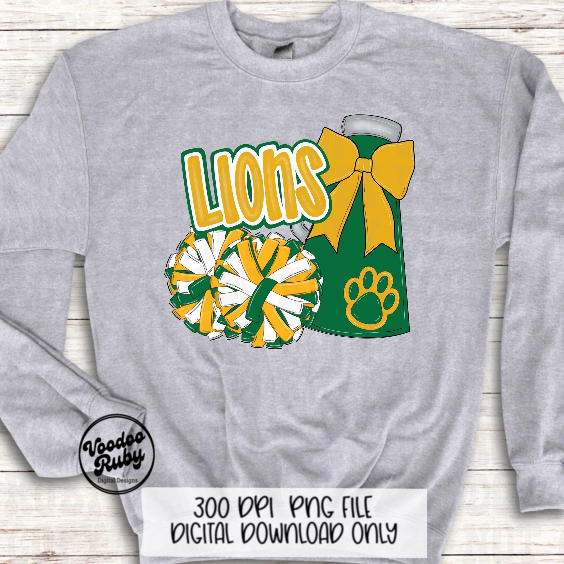 Lions Cheer PNG: Green & Gold Mascot, Sublimation Design (Digital Download)