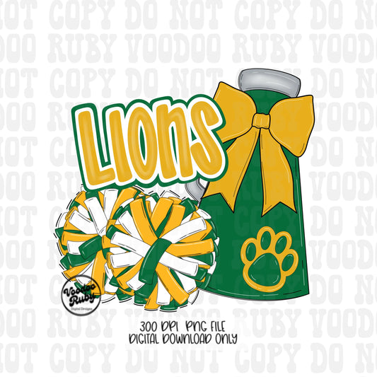 Lions Cheer PNG: Green & Gold Mascot, Sublimation Design (Digital Download)