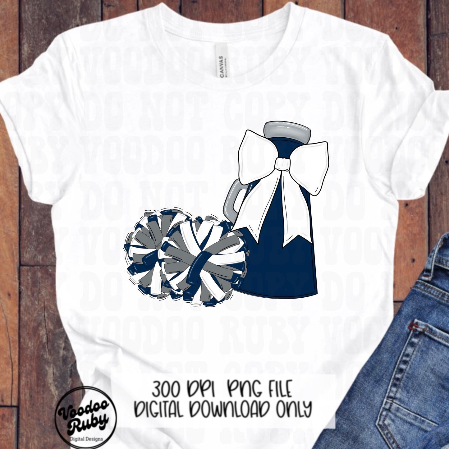 Cheerleader Megaphone PNG: Blue & White Mascot, Pom Poms (Digital Download)