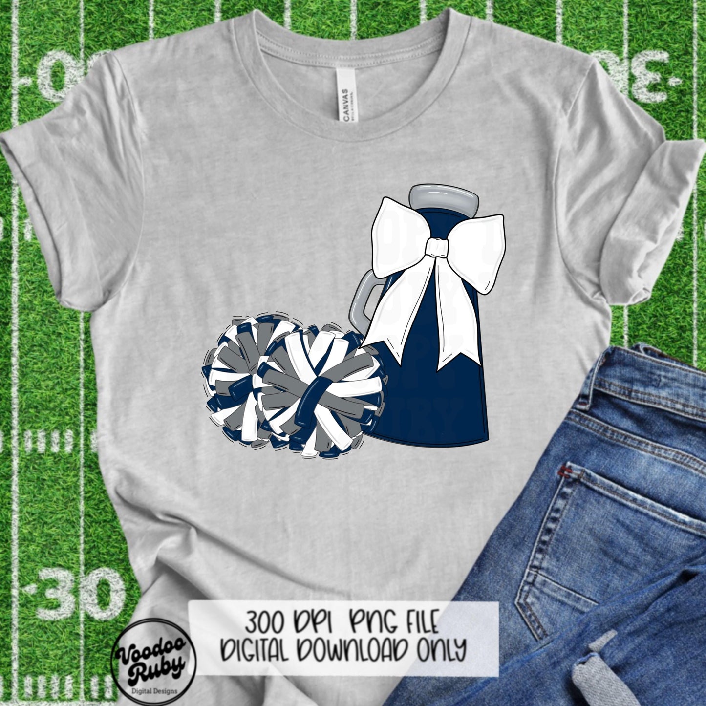 Cheerleader Megaphone PNG: Blue & White Mascot, Pom Poms (Digital Download)