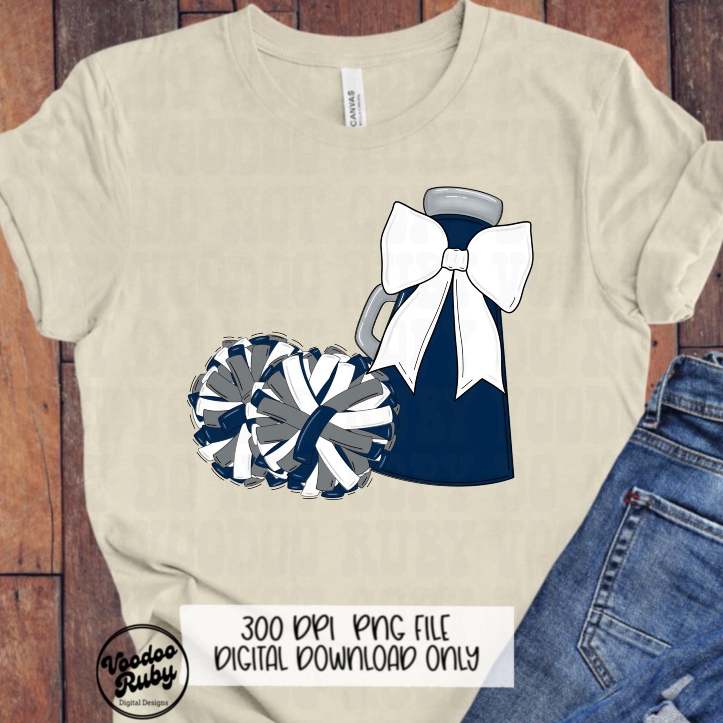 Cheerleader Megaphone PNG: Blue & White Mascot, Pom Poms (Digital Download)
