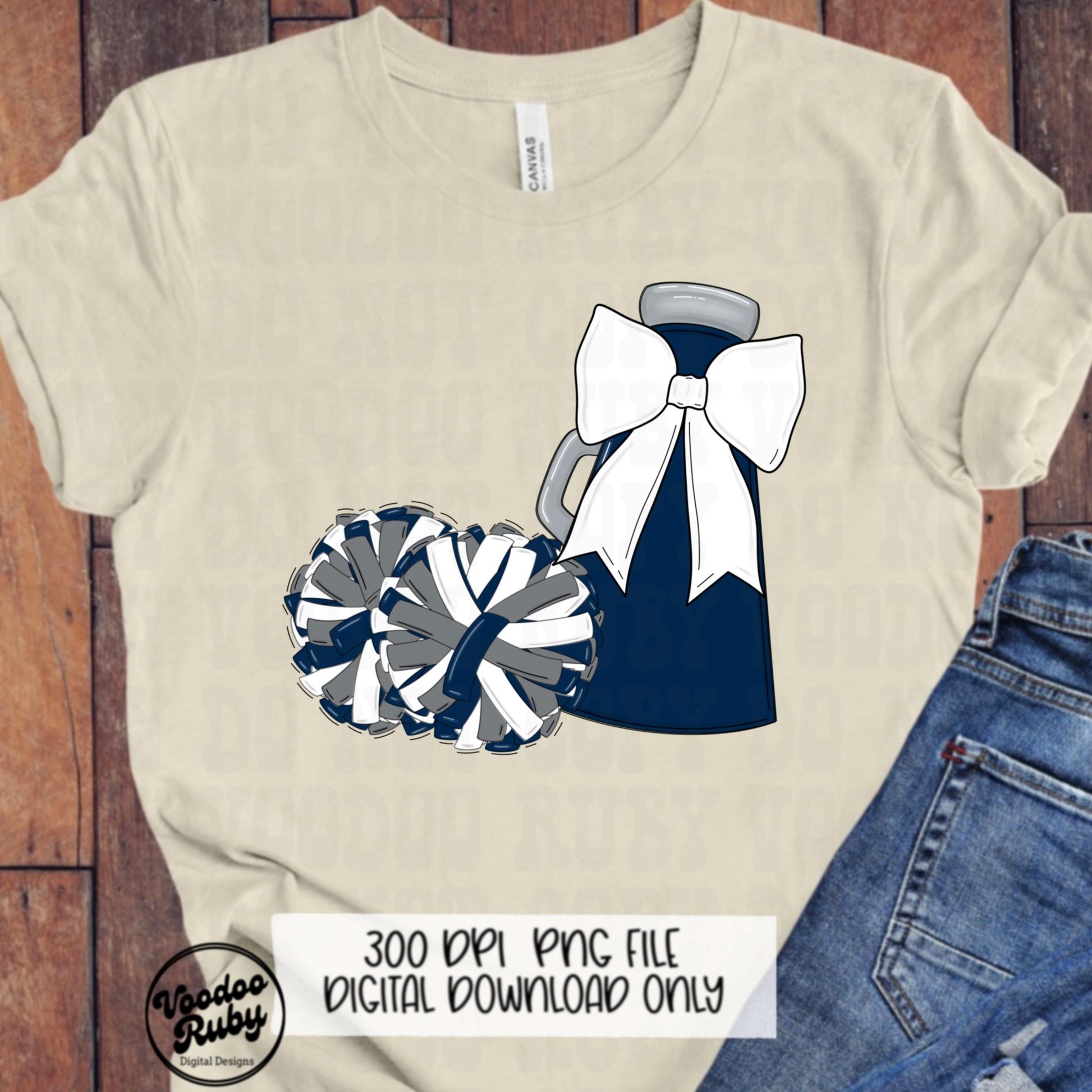 Cheerleader Megaphone PNG: Blue & White Mascot, Pom Poms (Digital Download)