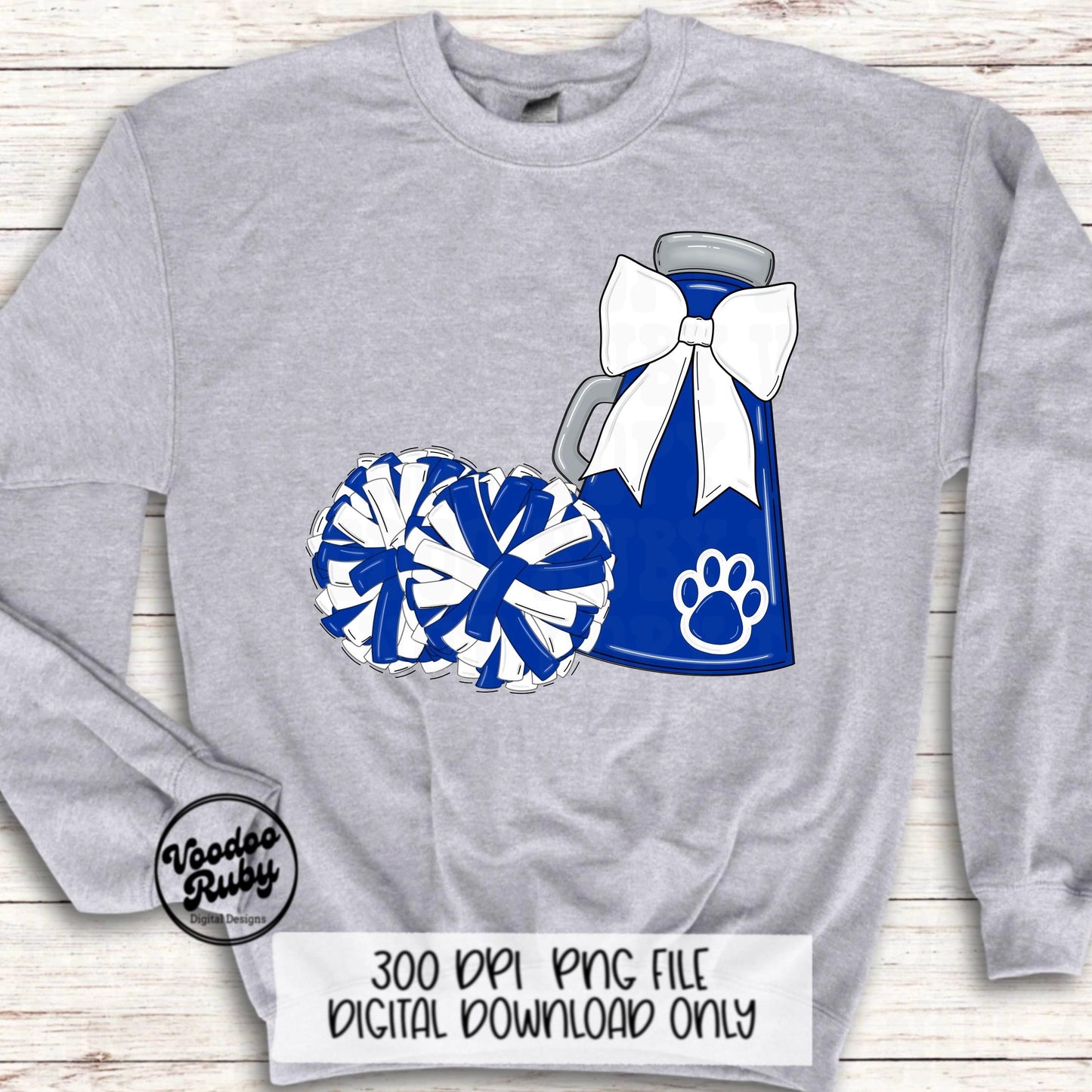 Blue and White Mascot Cheer PNG Design, Sublimation Hand Drawn Digital Download, Football Megaphone Cheerleader DTF Printable Clip Art
