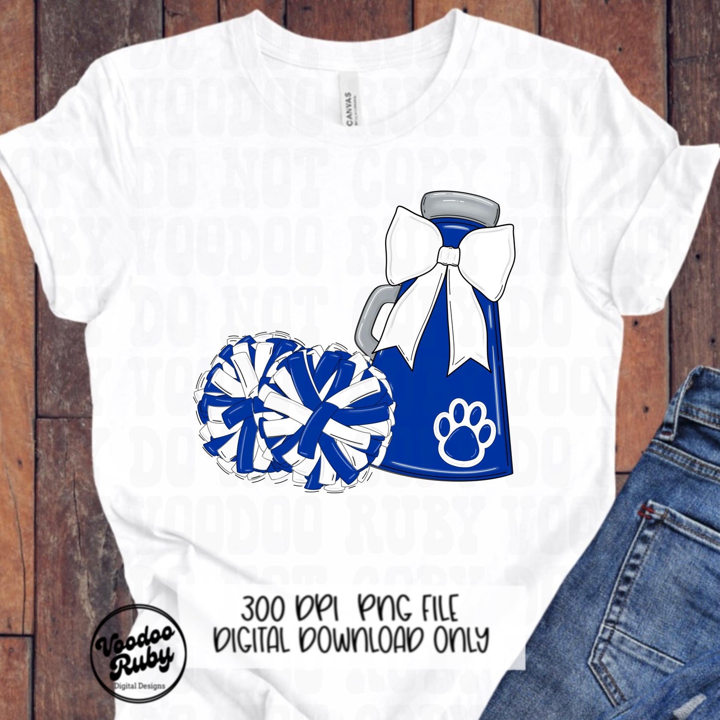 Blue and White Mascot Cheer PNG Design, Sublimation Hand Drawn Digital Download, Football Megaphone Cheerleader DTF Printable Clip Art