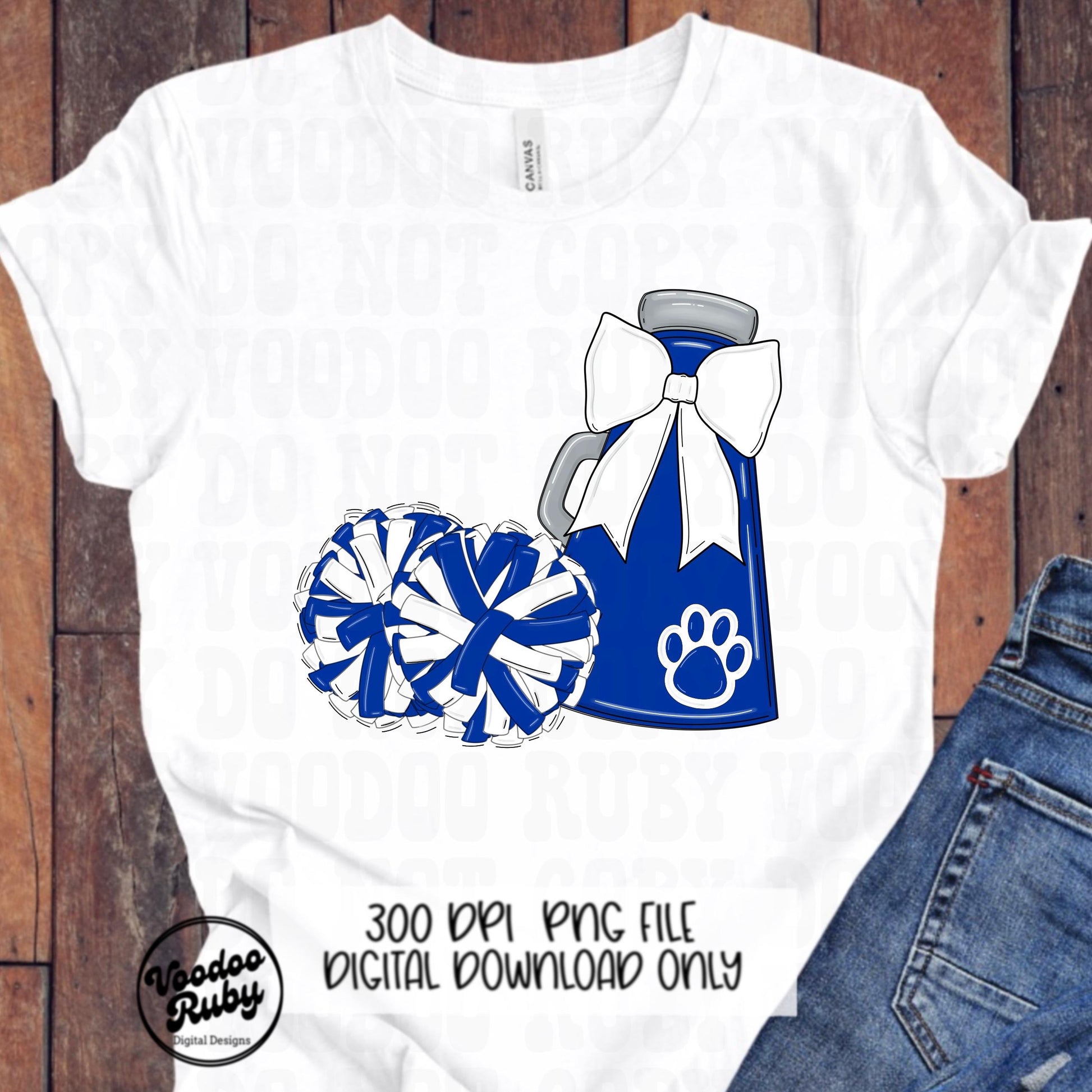 Blue and White Mascot Cheer PNG Design, Sublimation Hand Drawn Digital Download, Football Megaphone Cheerleader DTF Printable Clip Art