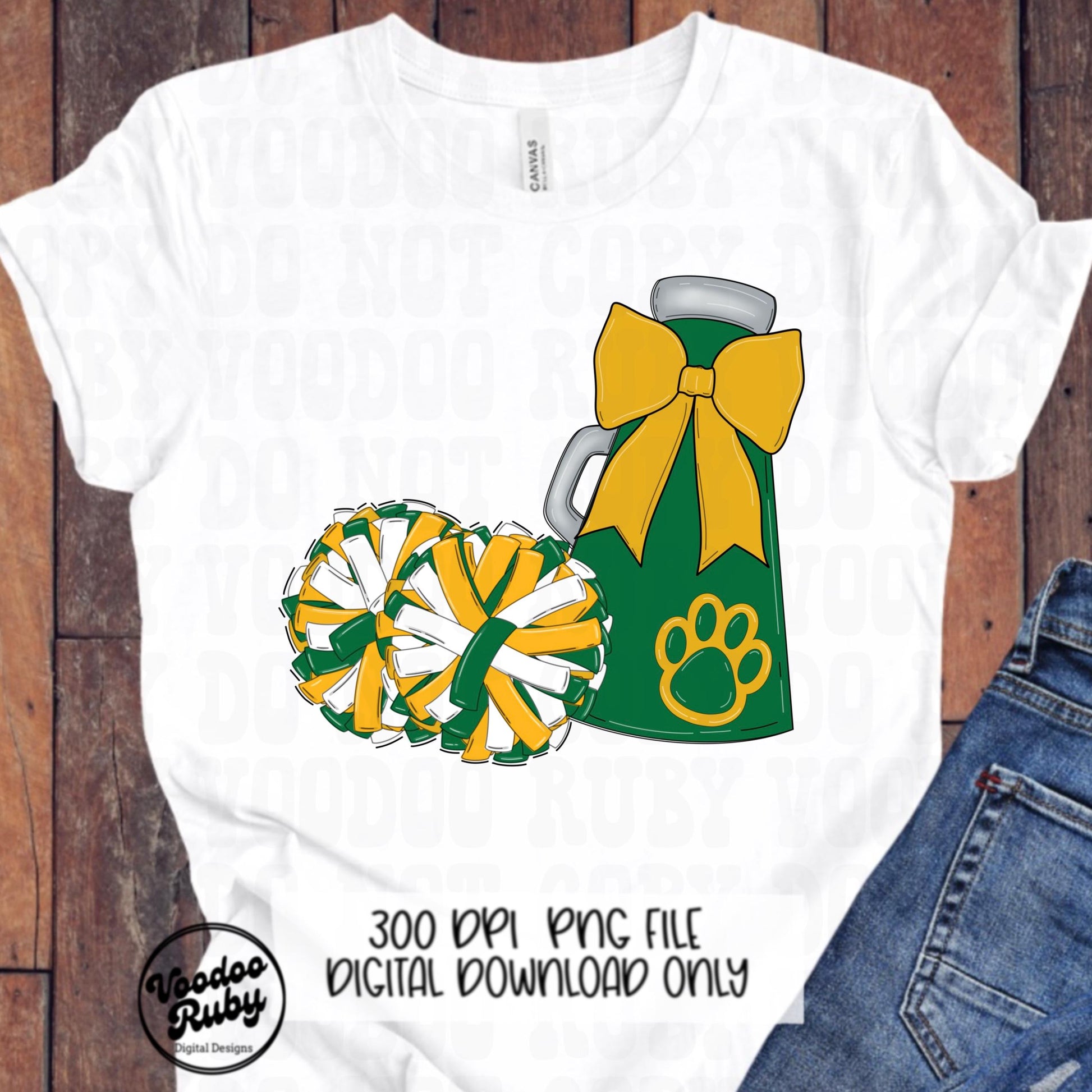 Cheerleader Mascot PNG: Green, Yellow, Gold - Sublimation Design (Digital Download)