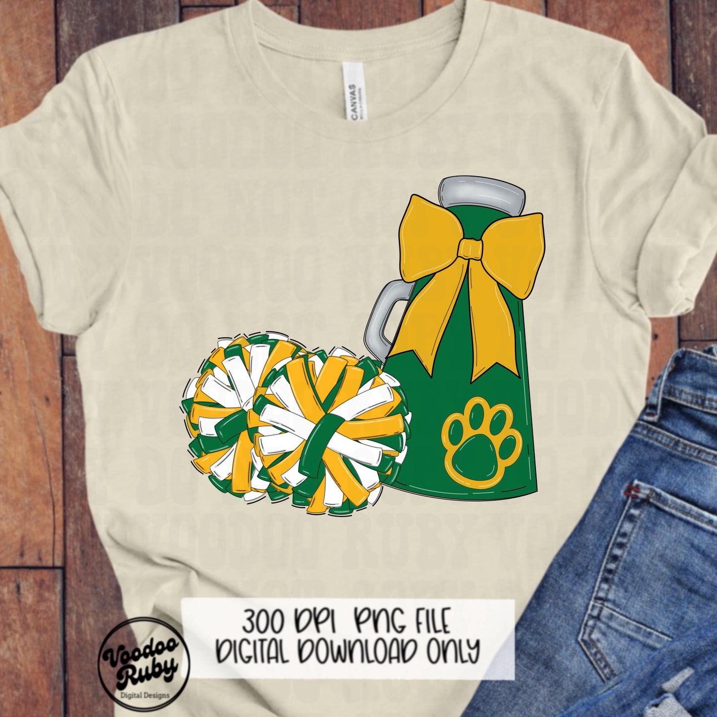 Cheer Mascot PNG: Green, Yellow, Gold Cheerleader Megaphone (Digital Download