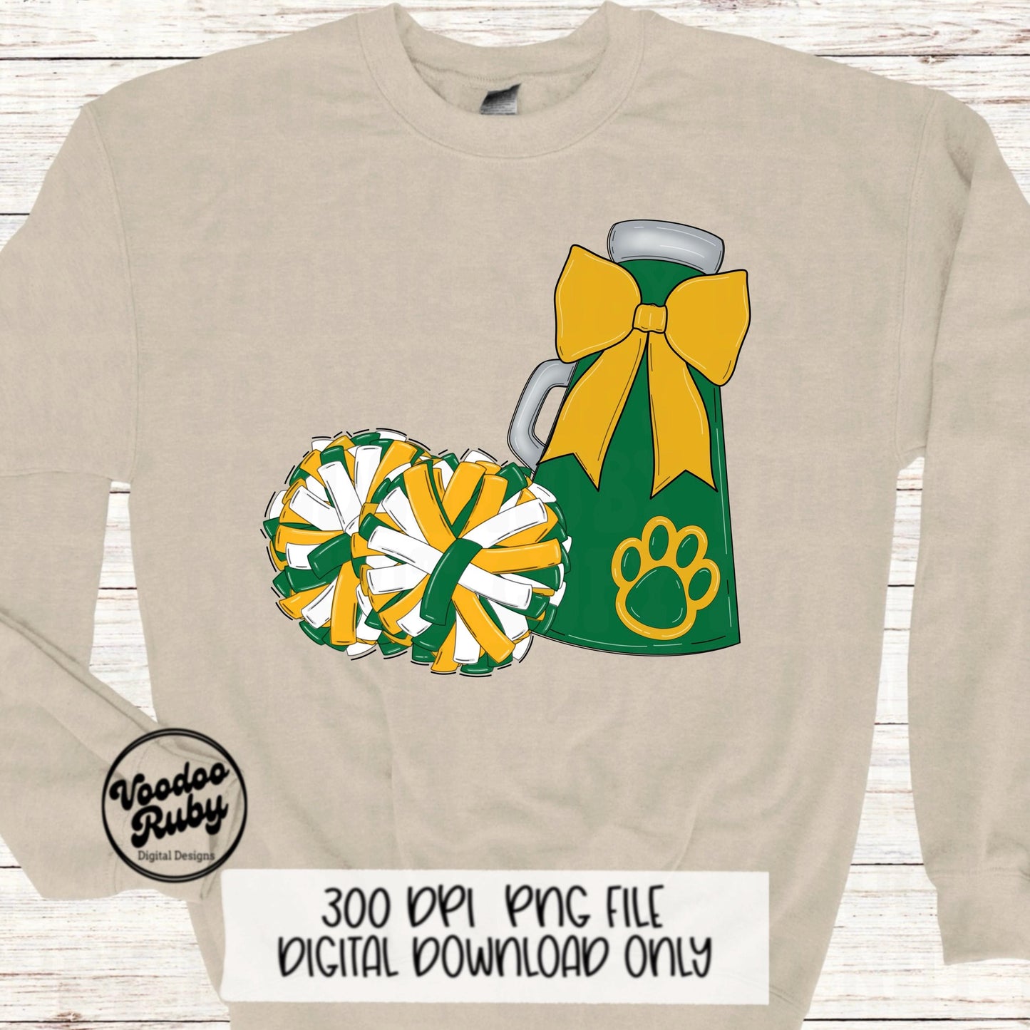 Cheerleader Mascot PNG: Green, Yellow, Gold - Sublimation Design (Digital Download)