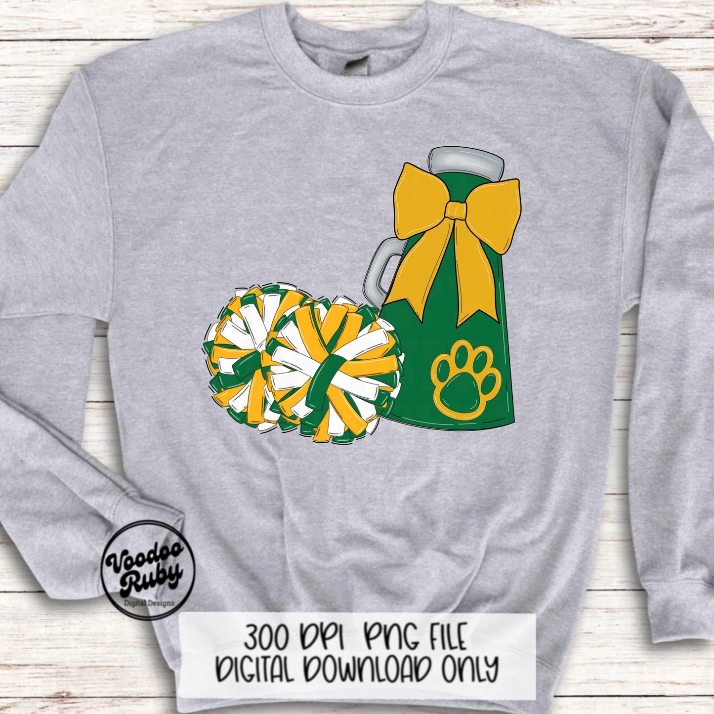 Cheerleader Mascot PNG: Green, Yellow, Gold - Sublimation Design (Digital Download)