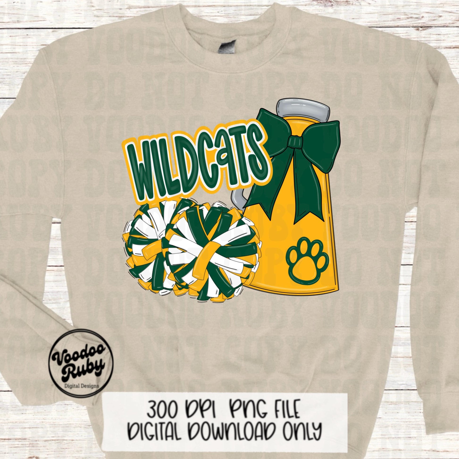 Wildcats Cheer PNG Design: Green and Gold Mascot (Digital Download)