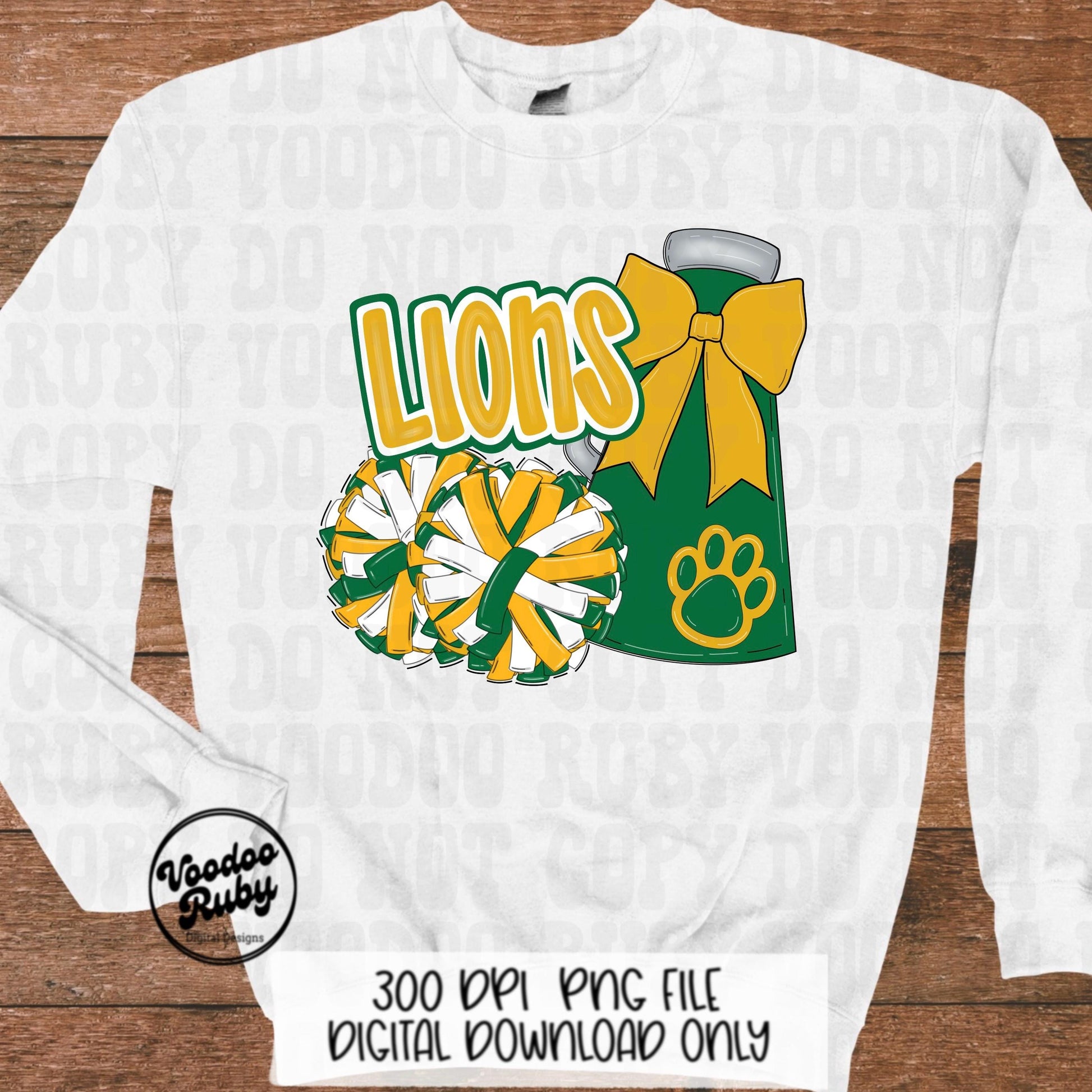 Lions Cheer PNG: Green & Gold Mascot, Sublimation Design (Digital Download)