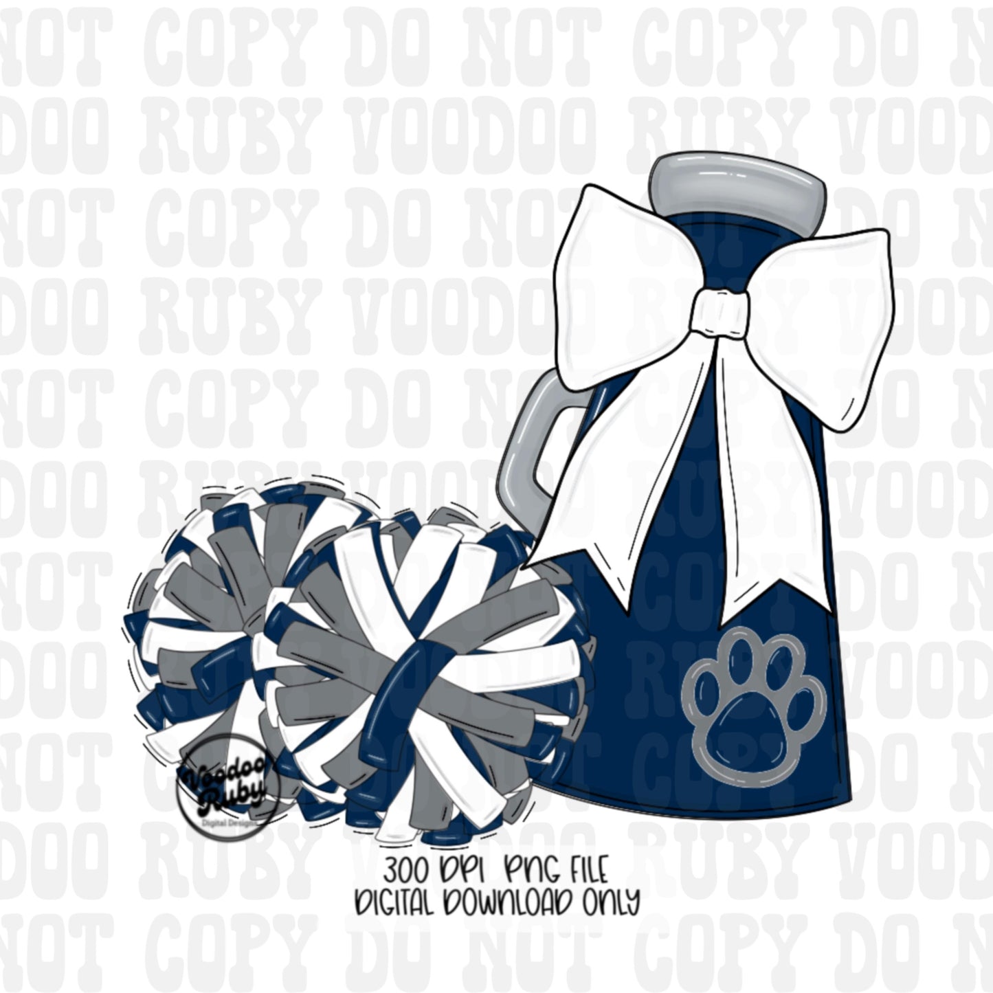 Cheerleader Megaphone PNG: Blue & White Mascot, Pom Poms (Digital Download)