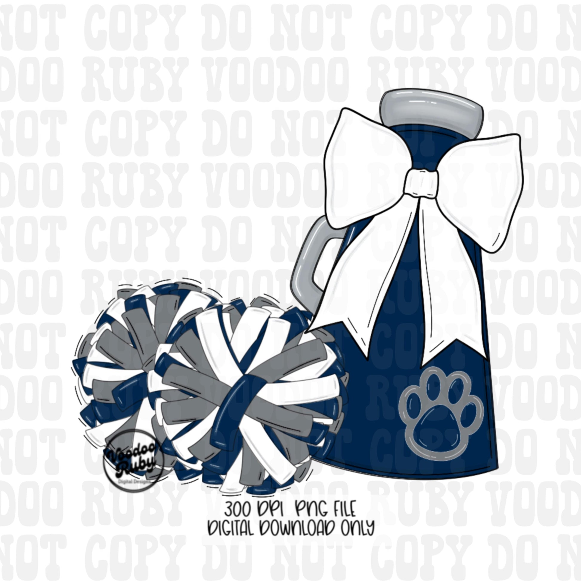 Cheerleader Megaphone PNG: Blue & White Mascot, Pom Poms (Digital Download)
