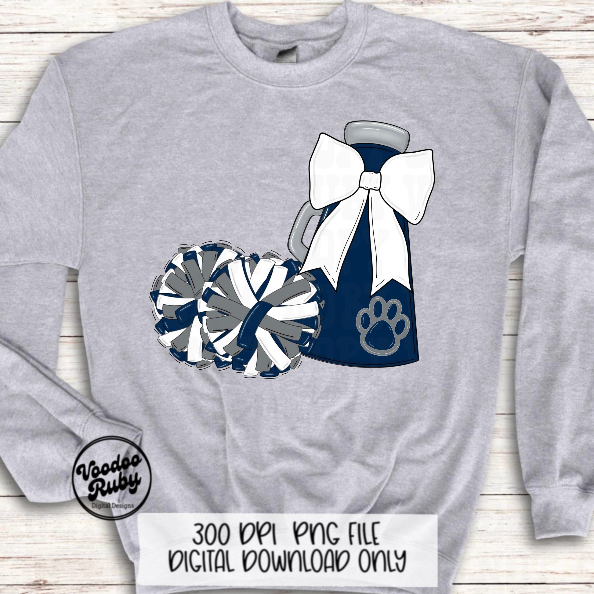 Cheerleader Megaphone PNG: Blue & White Mascot, Pom Poms (Digital Download)