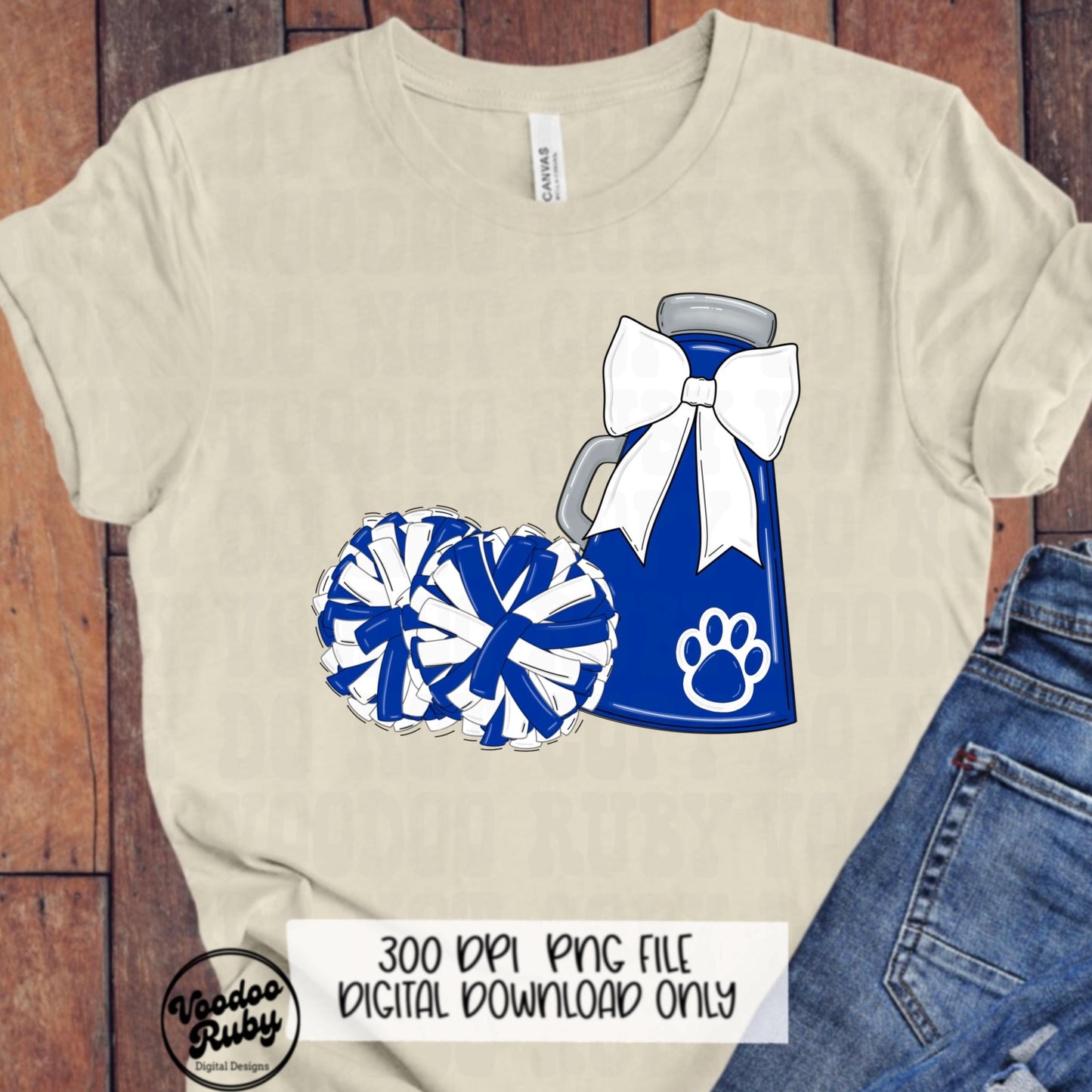 Blue and White Mascot Cheer PNG Design, Sublimation Hand Drawn Digital Download, Football Megaphone Cheerleader DTF Printable Clip Art