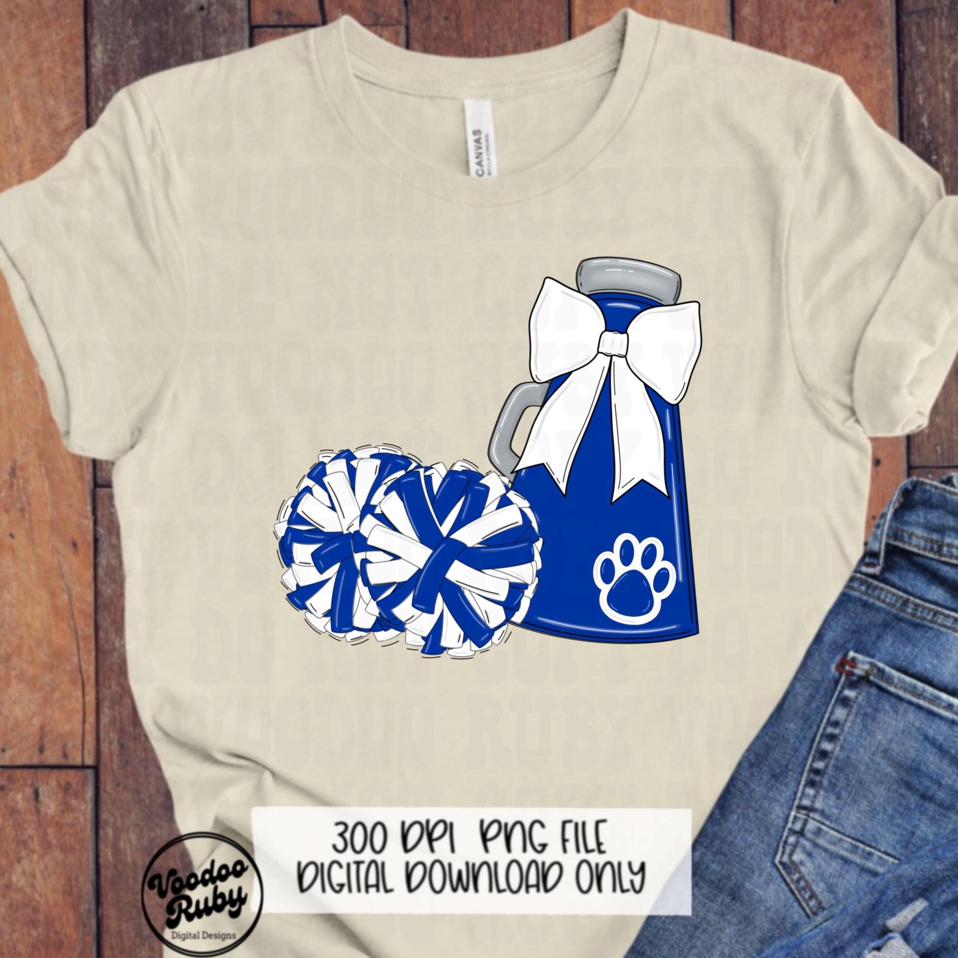 Blue and White Mascot Cheer PNG Design, Sublimation Hand Drawn Digital Download, Football Megaphone Cheerleader DTF Printable Clip Art