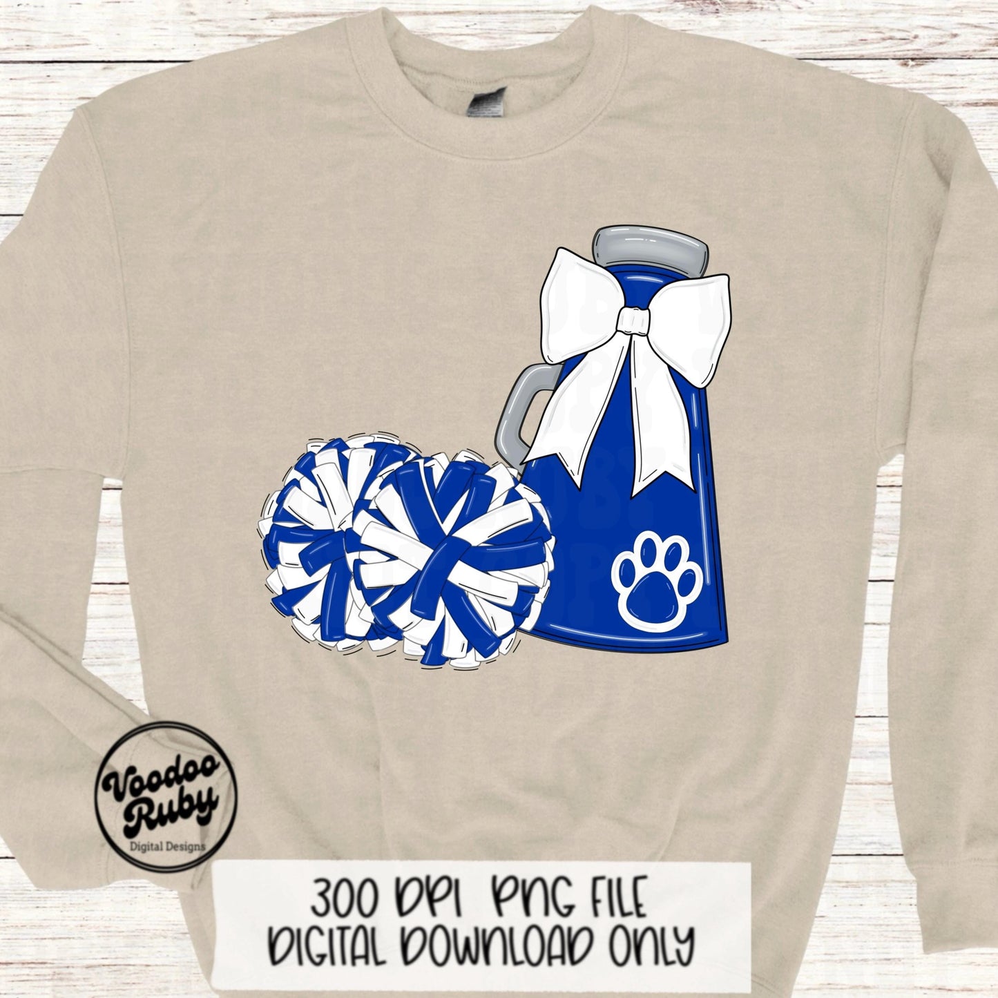 Blue and White Mascot Cheer PNG Design, Sublimation Hand Drawn Digital Download, Football Megaphone Cheerleader DTF Printable Clip Art