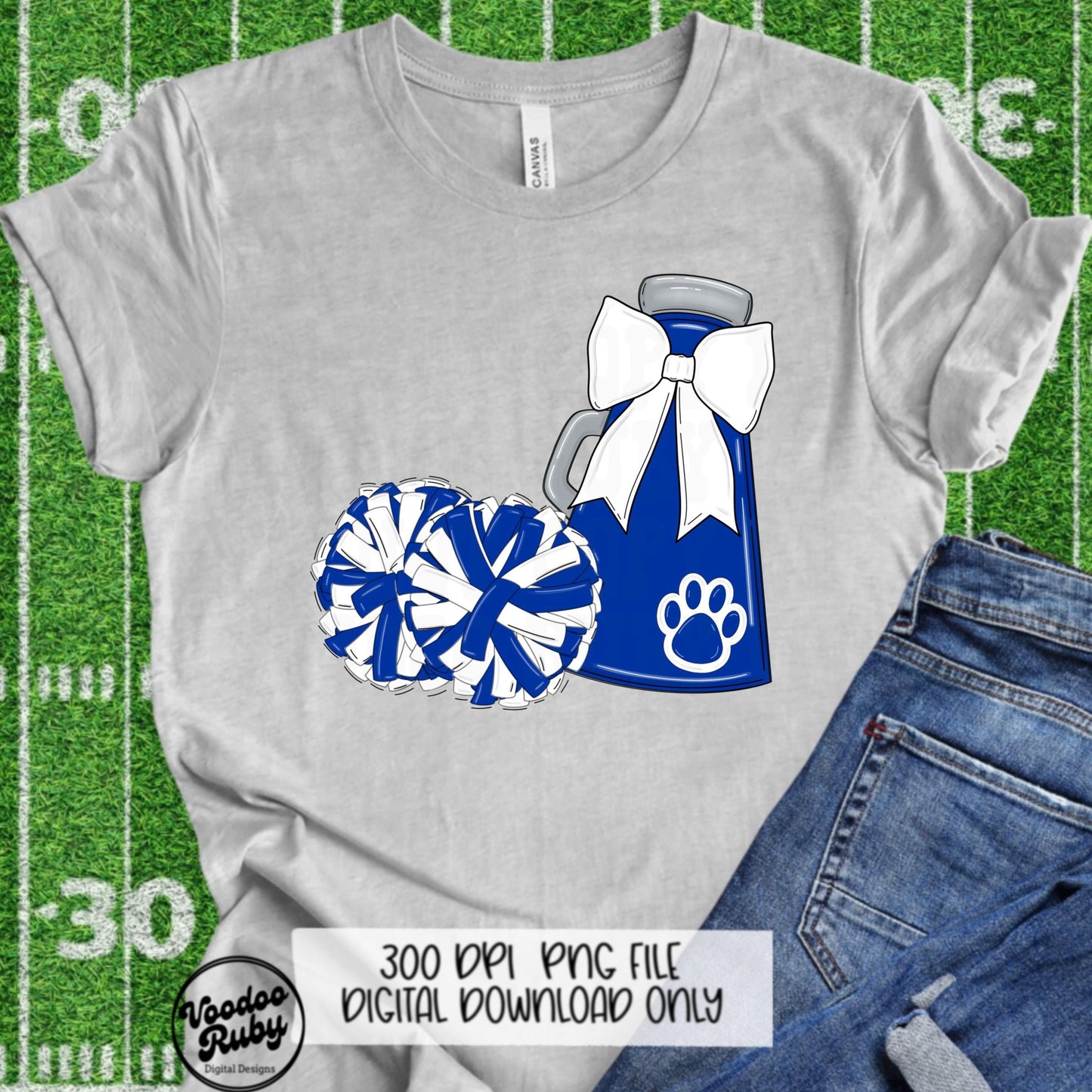 Blue and White Mascot Cheer PNG Design, Sublimation Hand Drawn Digital Download, Football Megaphone Cheerleader DTF Printable Clip Art