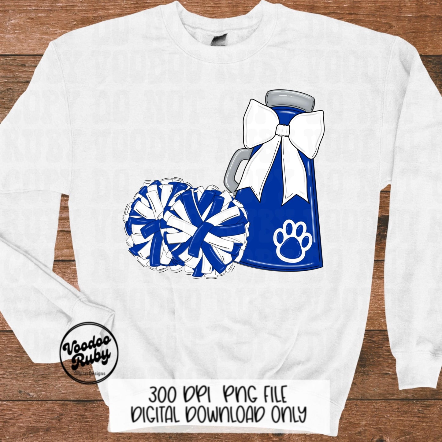 Blue and White Mascot Cheer PNG Design, Sublimation Hand Drawn Digital Download, Football Megaphone Cheerleader DTF Printable Clip Art