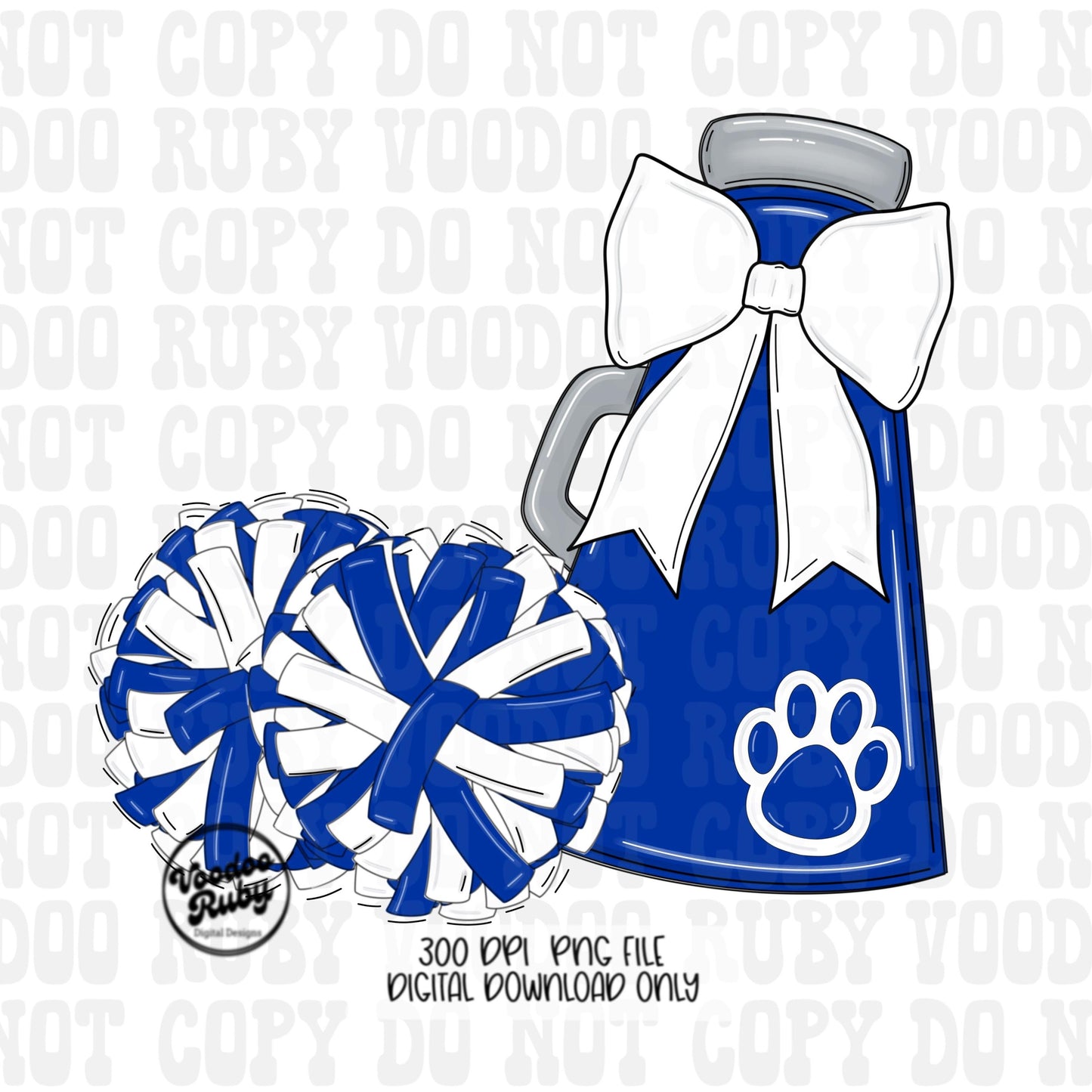 Blue and White Mascot Cheer PNG Design, Sublimation Hand Drawn Digital Download, Football Megaphone Cheerleader DTF Printable Clip Art