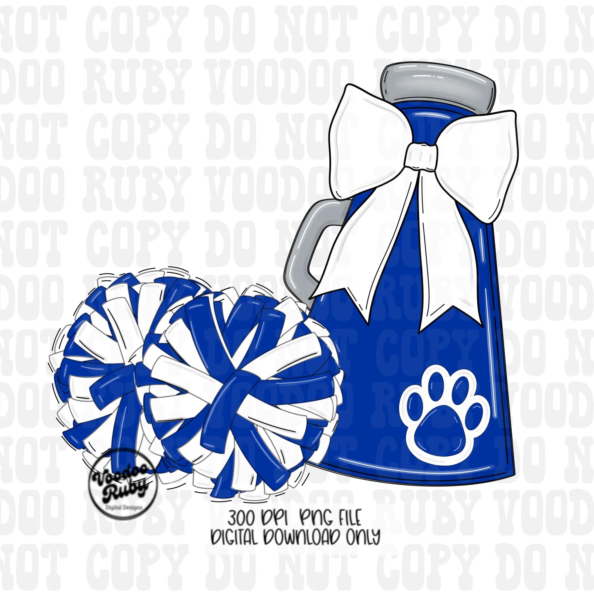 Blue and White Mascot Cheer PNG Design, Sublimation Hand Drawn Digital Download, Football Megaphone Cheerleader DTF Printable Clip Art