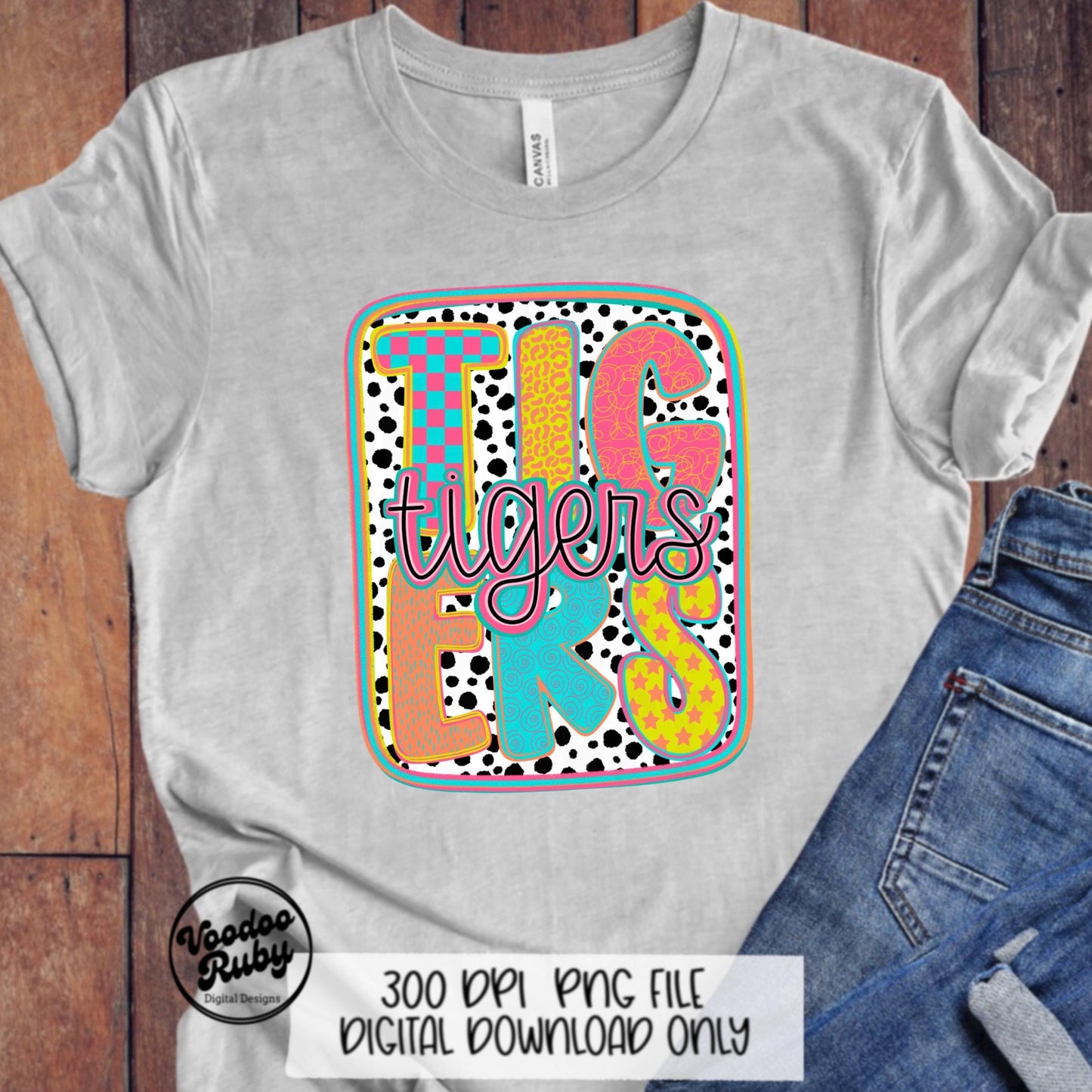 Tigers Mascot PNG: Colorful Dots Sublimation Design (Digital Download)