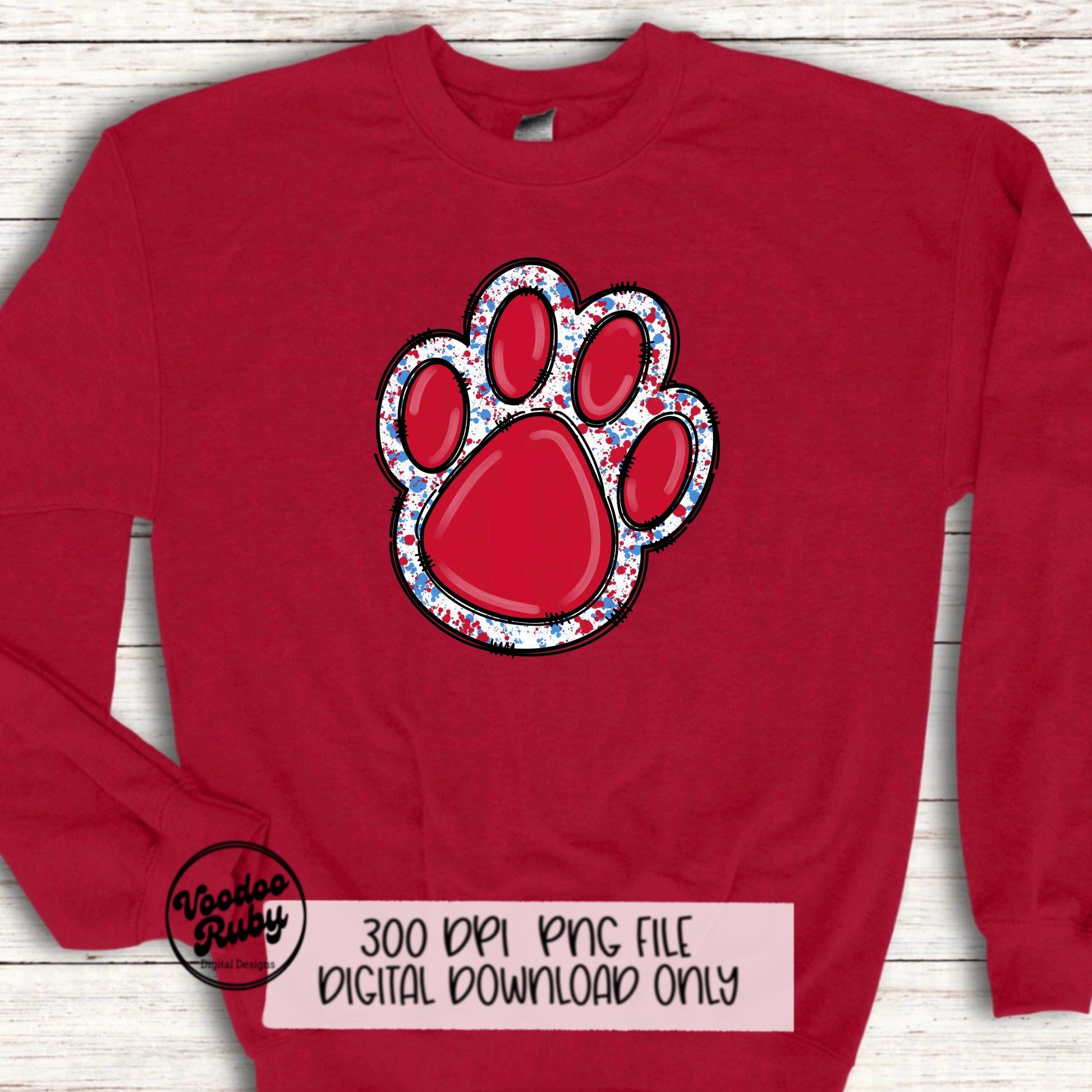 Red and Light Blue Paw Print PNG Sublimation Design Hand Drawn Digital Download Doodle Paw Print Football Mascot DTF Printable Clip Art