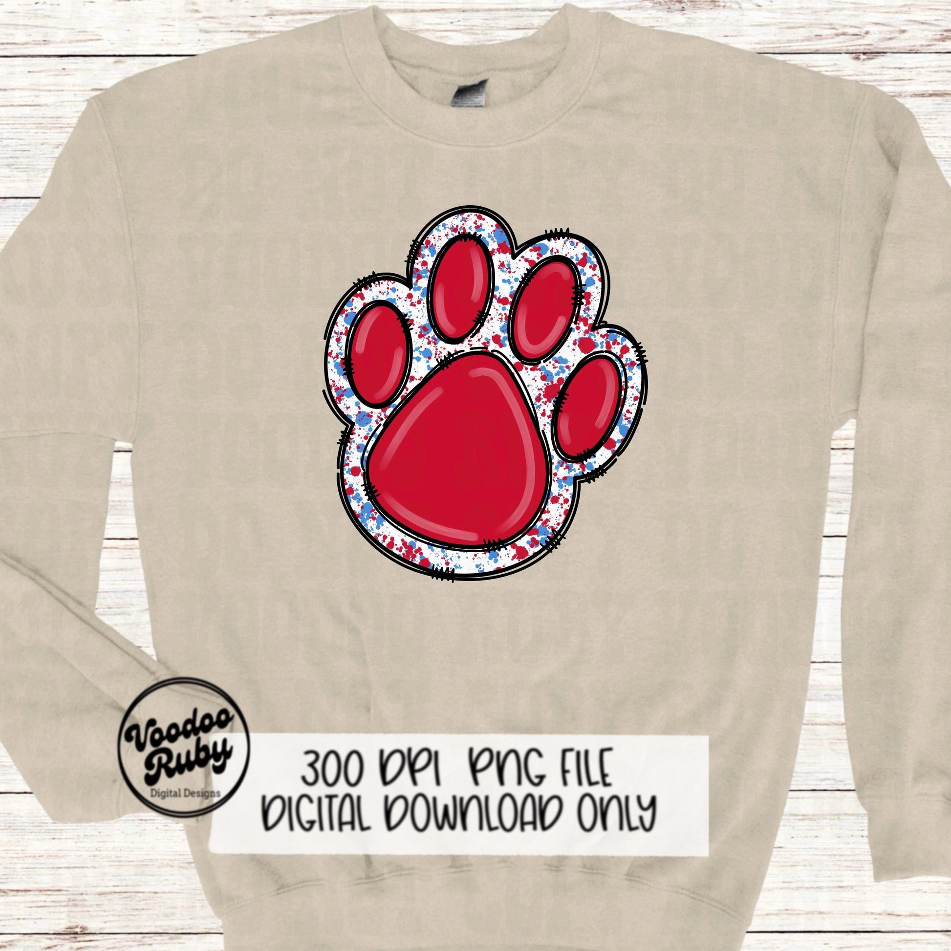 Red and Light Blue Paw Print PNG Sublimation Design Hand Drawn Digital Download Doodle Paw Print Football Mascot DTF Printable Clip Art