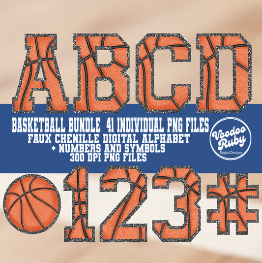 May include: Basketball themed digital alphabet and numbers. The letters and numbers are outlined in silver glitter and filled with a basketball pattern. The text reads &#39;Basketball Bundle 41 Individual PNG Files Faux Chenille Digital Alphabet + Numbers and Symbols 300 DPI PNG Files Voodoo Ruby Digital Designs&#39;.