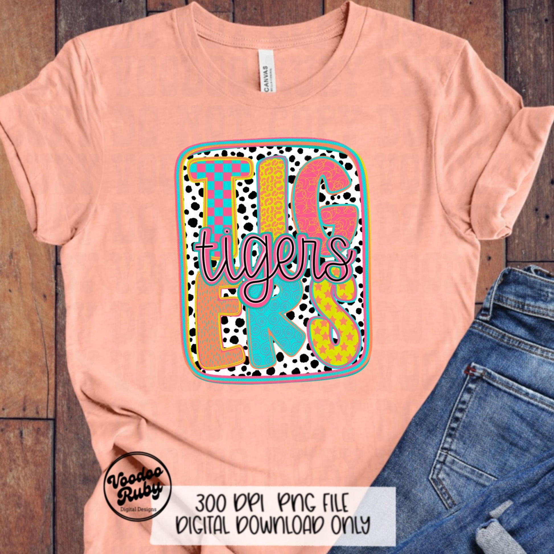 Tigers Mascot PNG: Colorful Dots Sublimation Design (Digital Download)