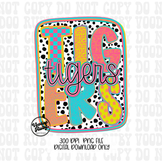 Tigers Mascot PNG: Colorful Dots Sublimation Design (Digital Download)