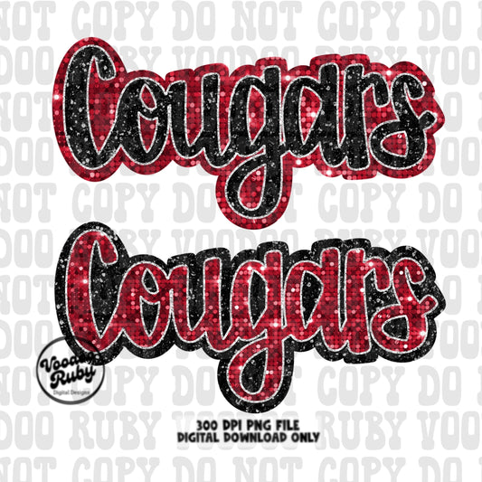 May include: Two digital designs of the word &#39;Cougars&#39; in red and black glitter.  The text is stylized with a script font and outlined in black.  The designs are 300 DPI PNG files for digital download only.  The image includes the text &#39;300 DPI PNG FILE, DIGITAL DOWNLOAD ONLY&#39;.