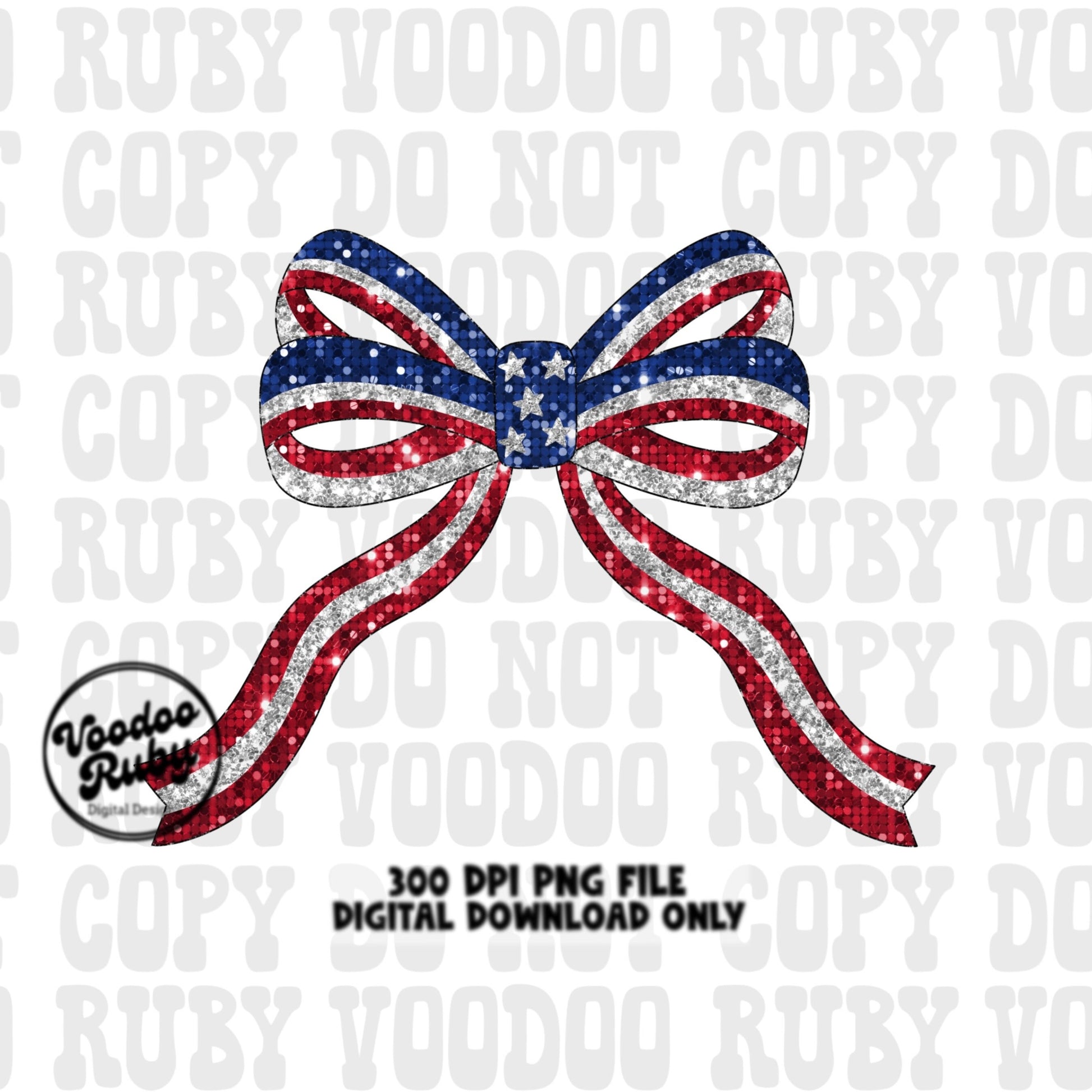 May include: A red, white, and blue glitter bow with a star pattern in the center. The bow is a digital download and is 300 DPI. The text '300 DPI PNG FILE DIGITAL DOWNLOAD ONLY' is at the bottom of the image.
