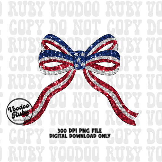 May include: A red, white, and blue glitter bow with a star pattern in the center. The bow is a digital download and is 300 DPI. The text '300 DPI PNG FILE DIGITAL DOWNLOAD ONLY' is at the bottom of the image.