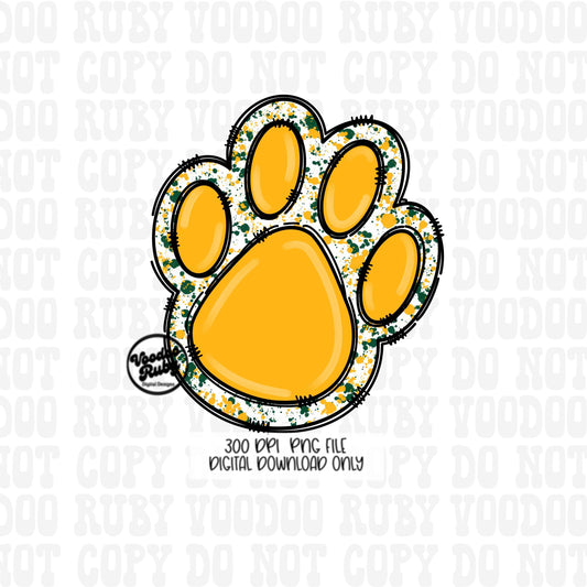 Gold and Green Paw Print PNG Sublimation Design | Hand Drawn Digital Download | Doodle Clip Art | Printable