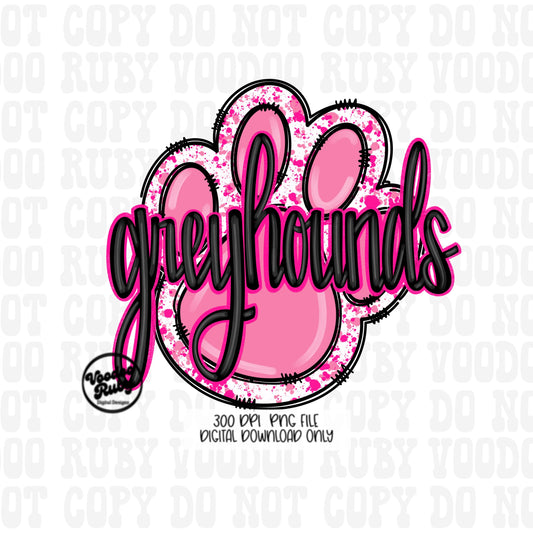 Greyhounds PNG Design Sublimation Mascot Hand Drawn Digital Download Pink Greyhounds PNG Paw Football DTF Printable Mascot Clip Art