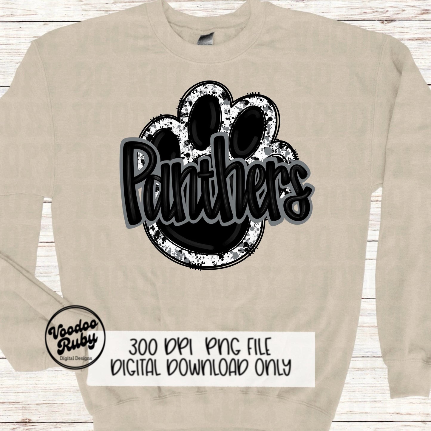 Panthers PNG Design Sublimation Hand Drawn Digital Download Football PNG Paw Black Silver Panthers Football DTF Printable
