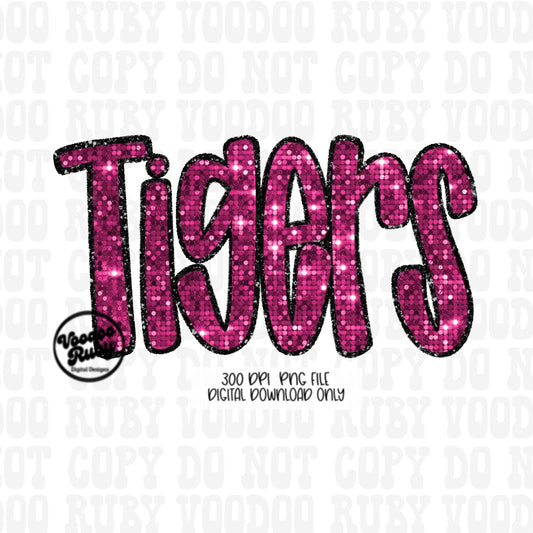 Pink Tigers PNG Sequin Design Sublimation Hand Drawn Digital Download Faux Sequins Patch PNG Printable Appliqué Tigers Football DTF October
