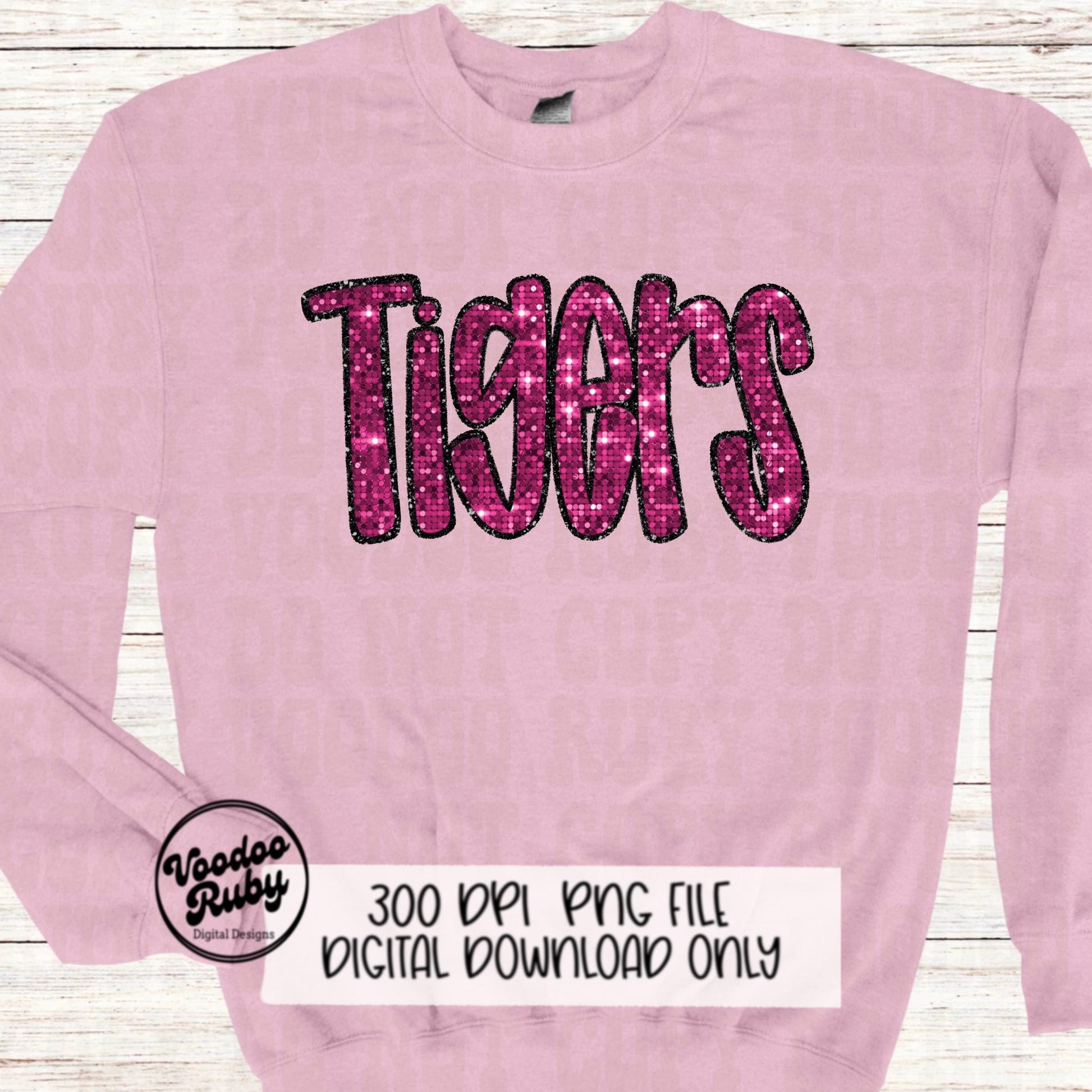 Pink Tigers PNG Sequin Design Sublimation Hand Drawn Digital Download Faux Sequins Patch PNG Printable Appliqué Tigers Football DTF October