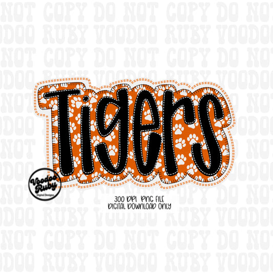 Tigers PNG Design Faux Embroidery Sublimation Hand Drawn Digital Download Orange White Tigers PNG Football png Mascot DTF Printable